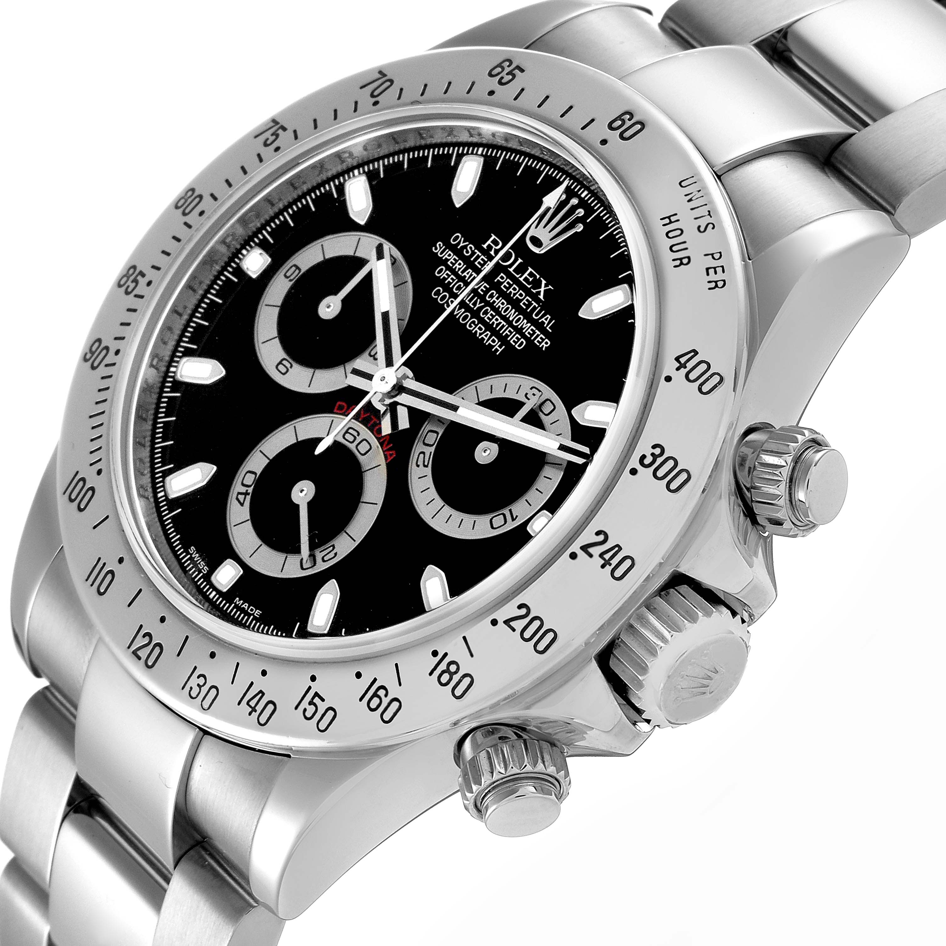 The Rolex Daytona 116520 Men's Stainless Steel Black Dial 116520 Men's Stainless Steel Black Dial watch is shown at a side angle, displaying the bezel, face, crown, and chronograph pushers.