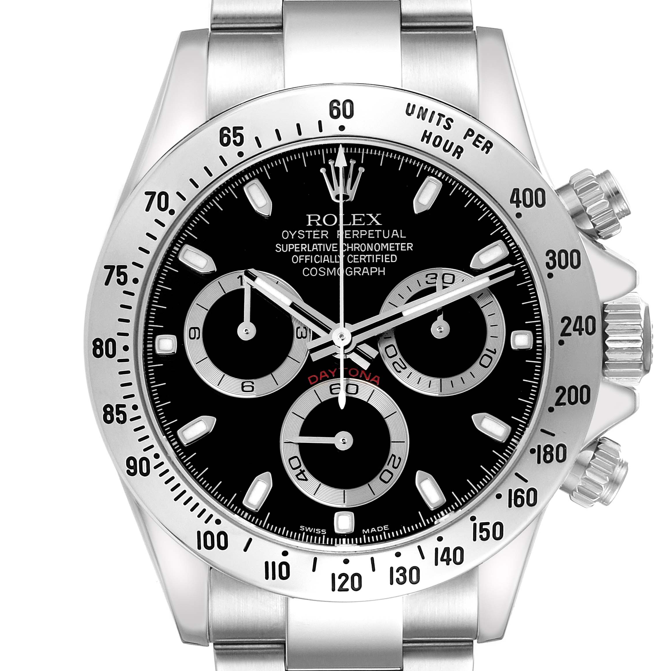 The image shows a front view of the Rolex Daytona 116520 Men's Stainless Steel Black Dial 116520 Men's Stainless Steel Black Dial watch, highlighting its black dial, subdials, and tachymetric scale bezel.