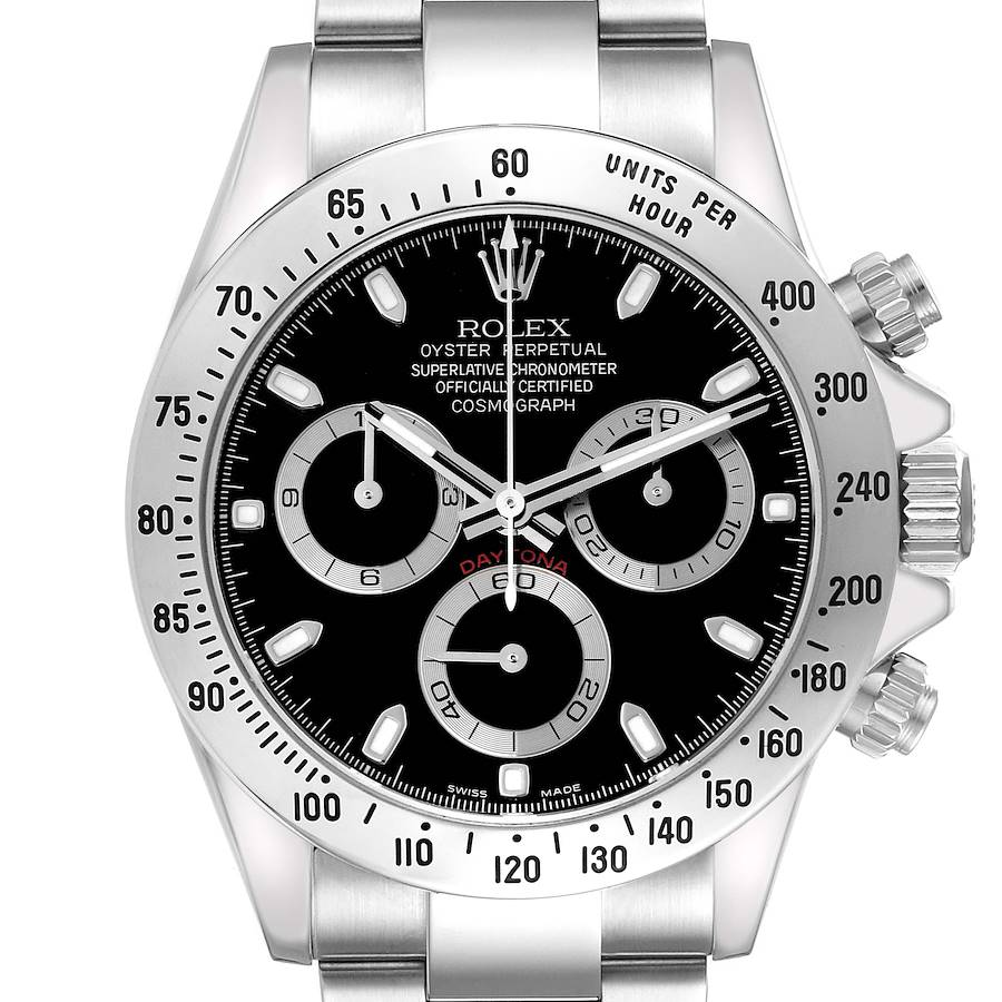 The image shows a front view of the Rolex Daytona watch, highlighting its black dial, subdials, and tachymetric scale bezel.