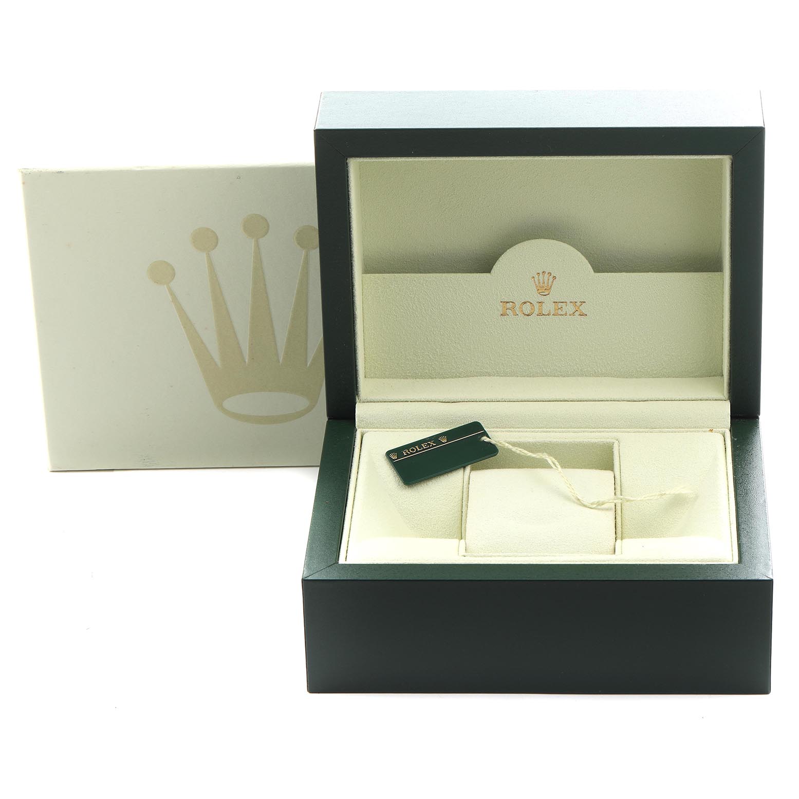 The image shows the open box and tag for a Rolex Daytona 116523 Men's Steel and Gold (two tone) Blue Dial 116523 Men's Steel and Gold (two tone) Blue Dial, showcasing the interior and packaging from the front angle.