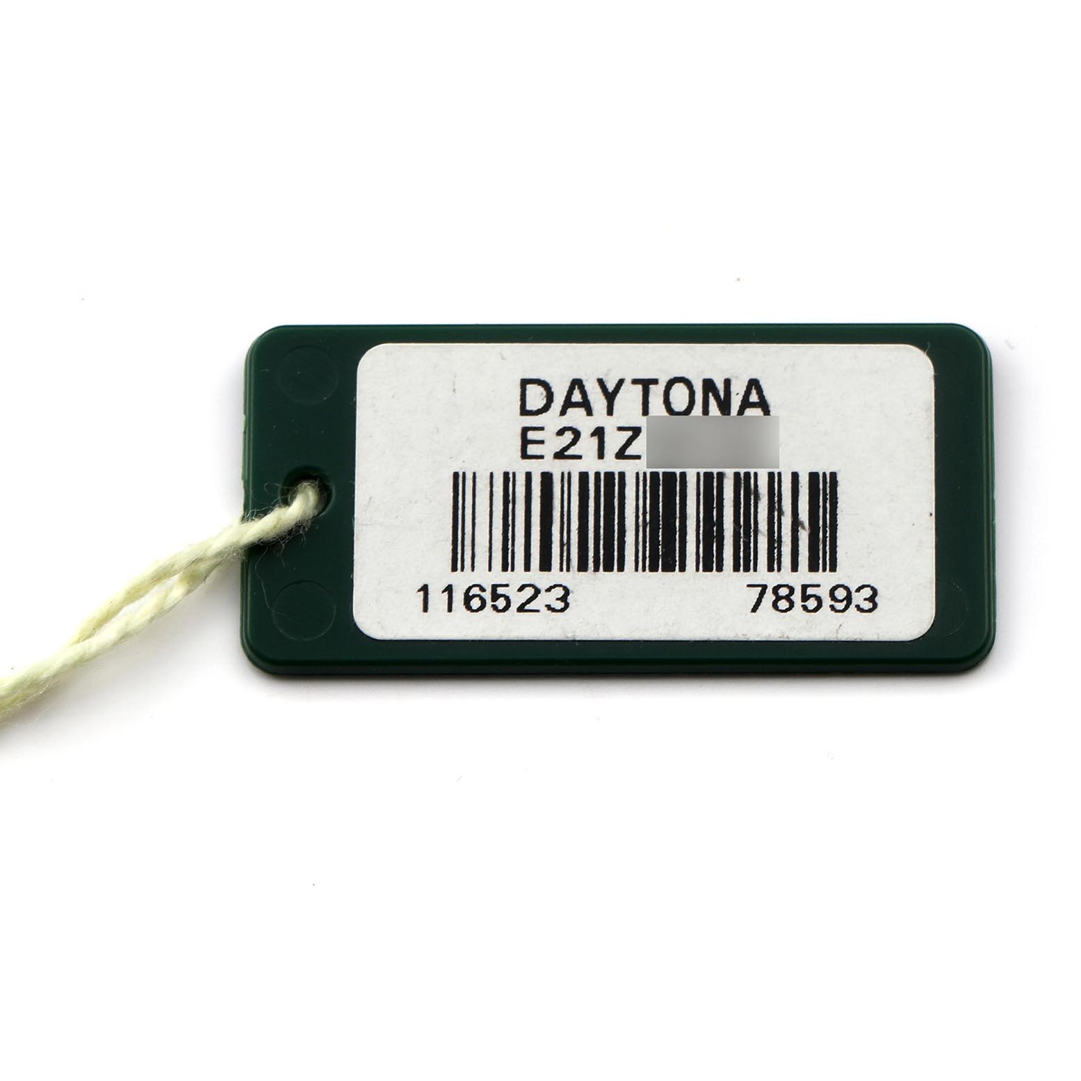 The image shows a rectangular Rolex Daytona 116523 Men's Steel and Gold (two tone) Blue Dial 116523 Men's Steel and Gold (two tone) Blue Dial tag with a barcode and string attached.