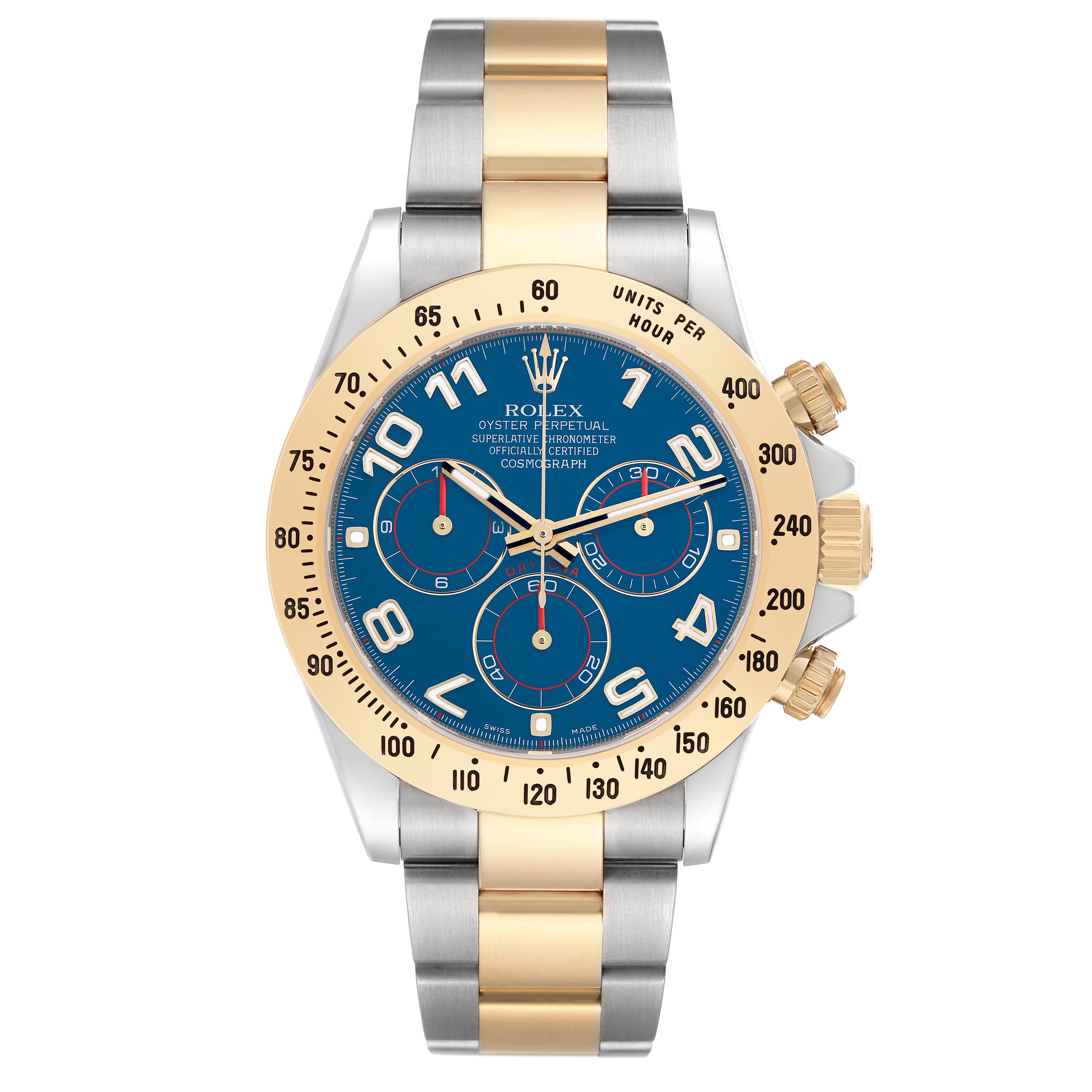 The Rolex Daytona 116523 Men's Steel and Gold (two tone) Blue Dial 116523 Men's Steel and Gold (two tone) Blue Dial watch is shown face-up, highlighting the bezel, dial, and two-tone bracelet.