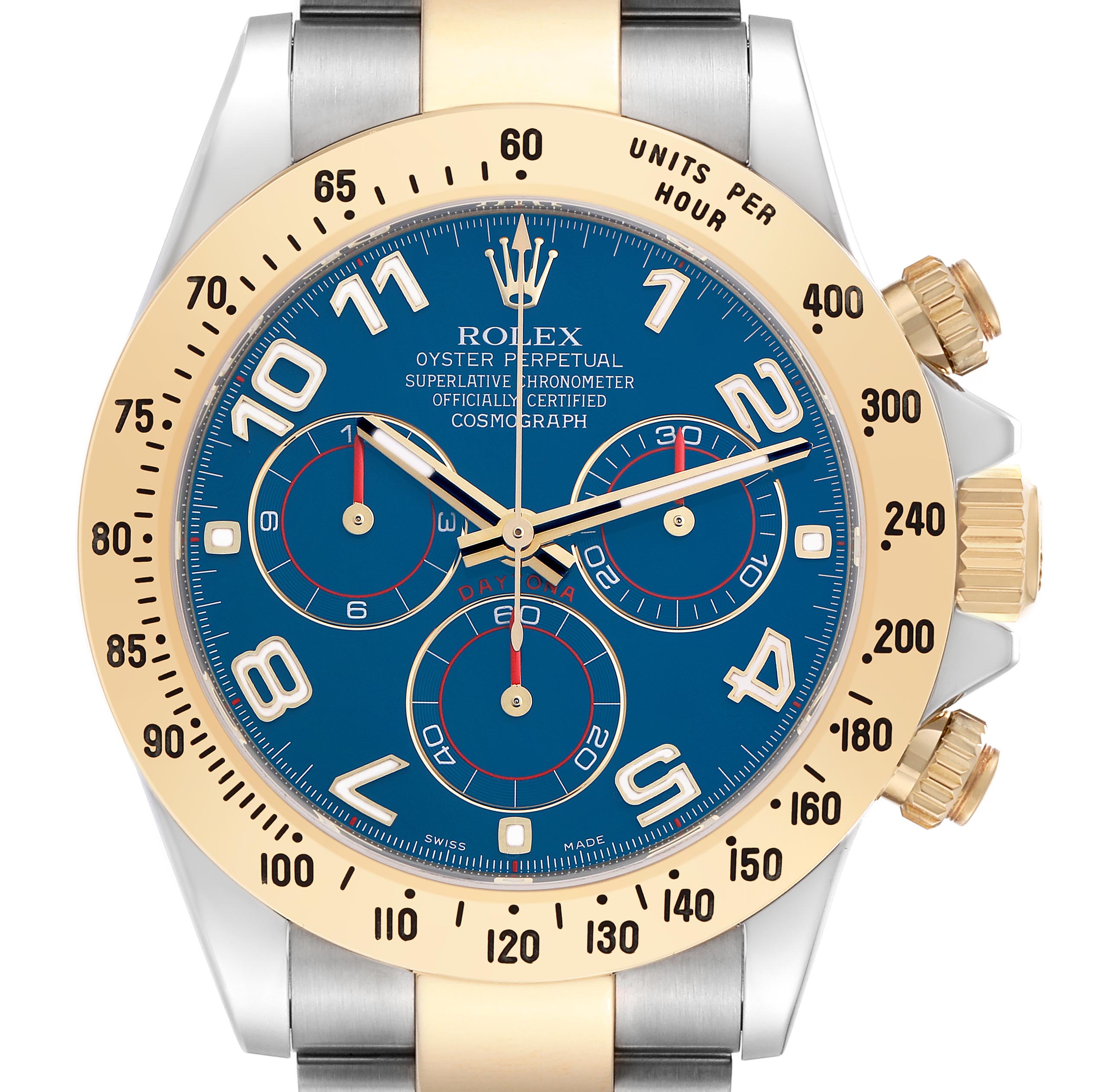 The image shows a frontal view of a Rolex Daytona 116523 Men's Steel and Gold (two tone) Blue Dial 116523 Men's Steel and Gold (two tone) Blue Dial watch, highlighting the bezel, crown, dial, and chronograph subdials.