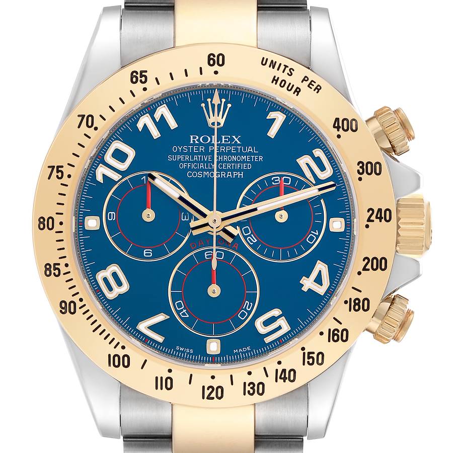 The image shows a frontal view of a Rolex Daytona watch, highlighting the bezel, crown, dial, and chronograph subdials.