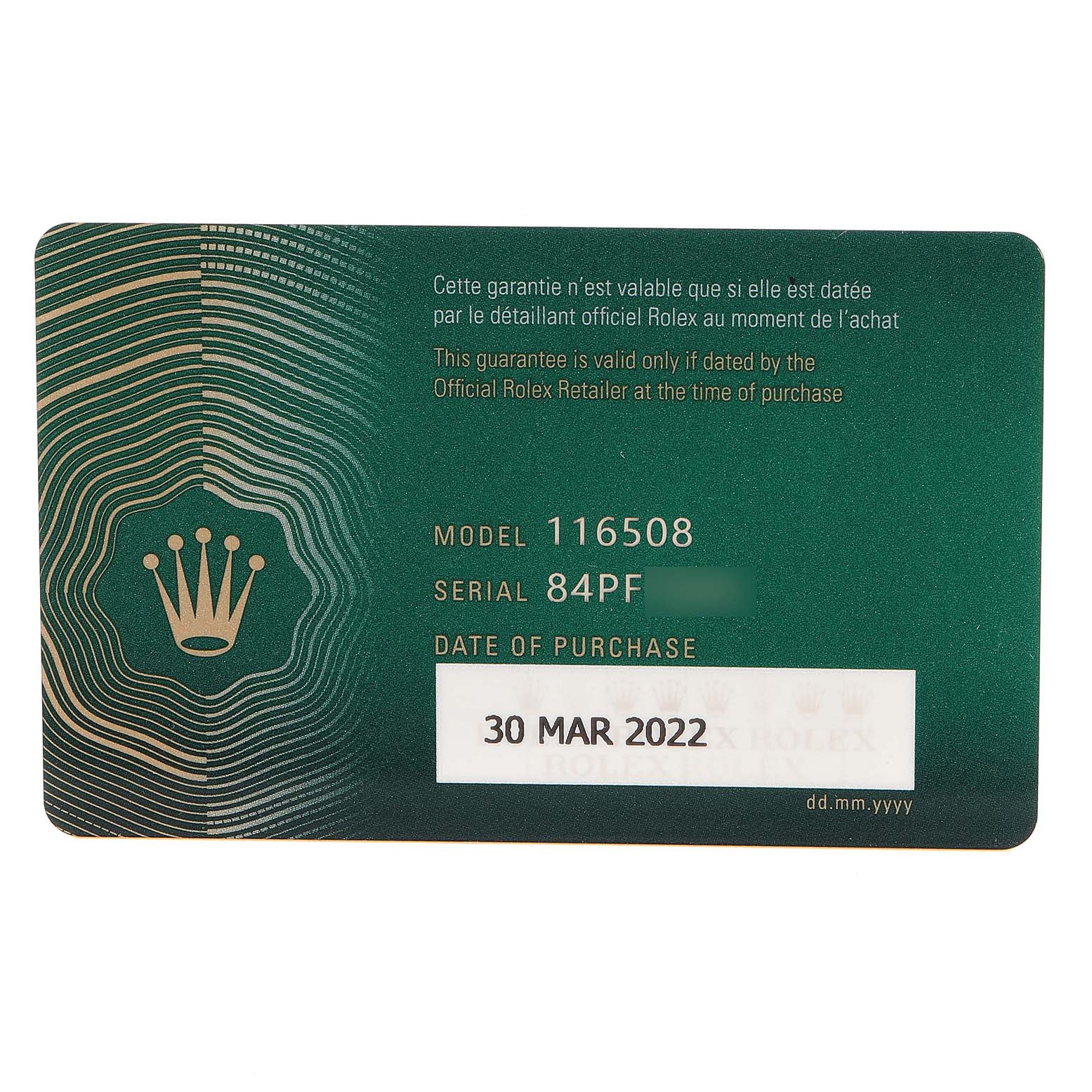 The image shows the warranty card for a Rolex Daytona 116508 Men's Yellow Gold Champagne Dial 116508 Men's Yellow Gold Champagne Dial model 116508, displaying the purchase date as 30 March 2022.