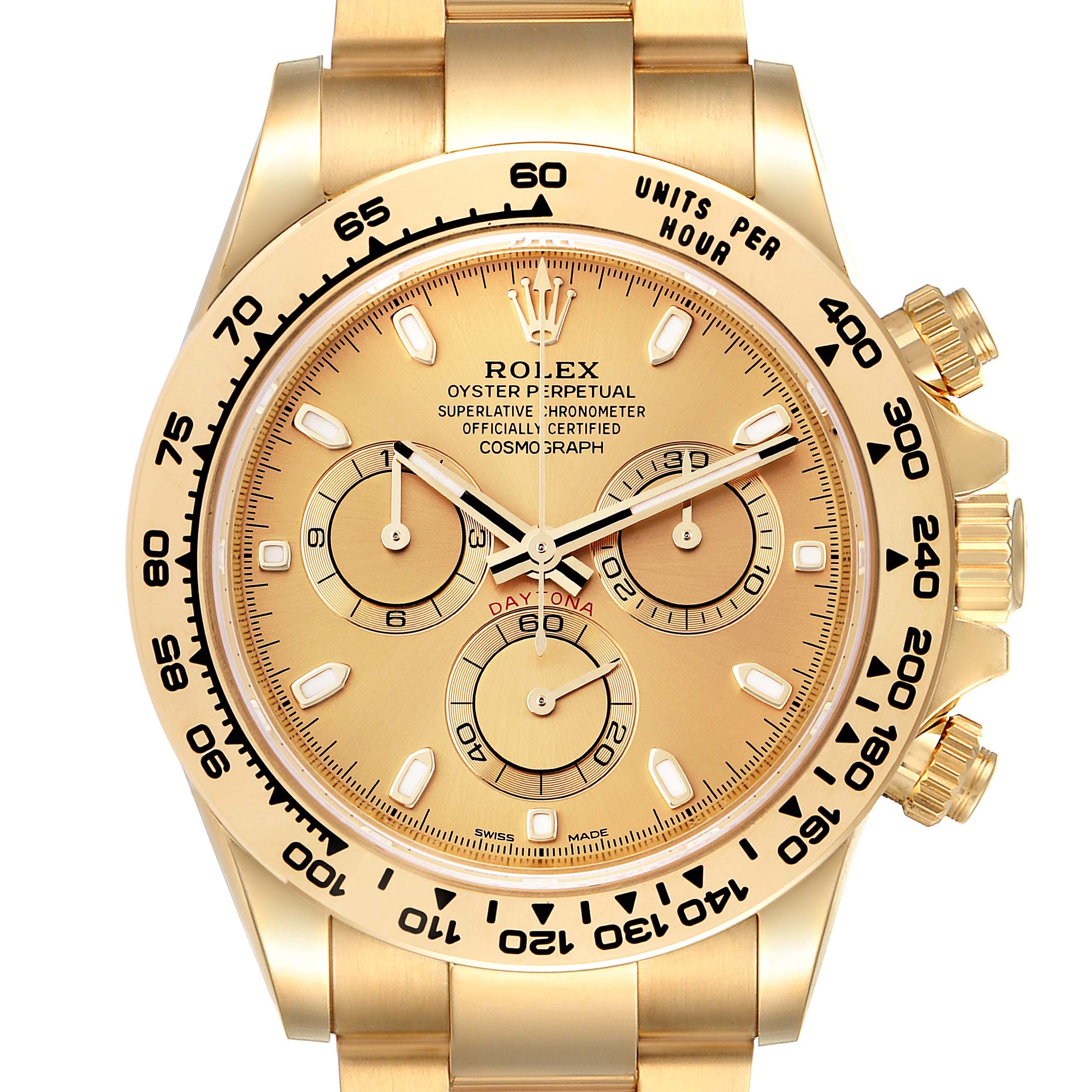The image shows a frontal view of a gold Rolex Daytona 116508 Men's Yellow Gold Champagne Dial 116508 Men's Yellow Gold Champagne Dial watch, displaying its face, bezel, and side buttons.