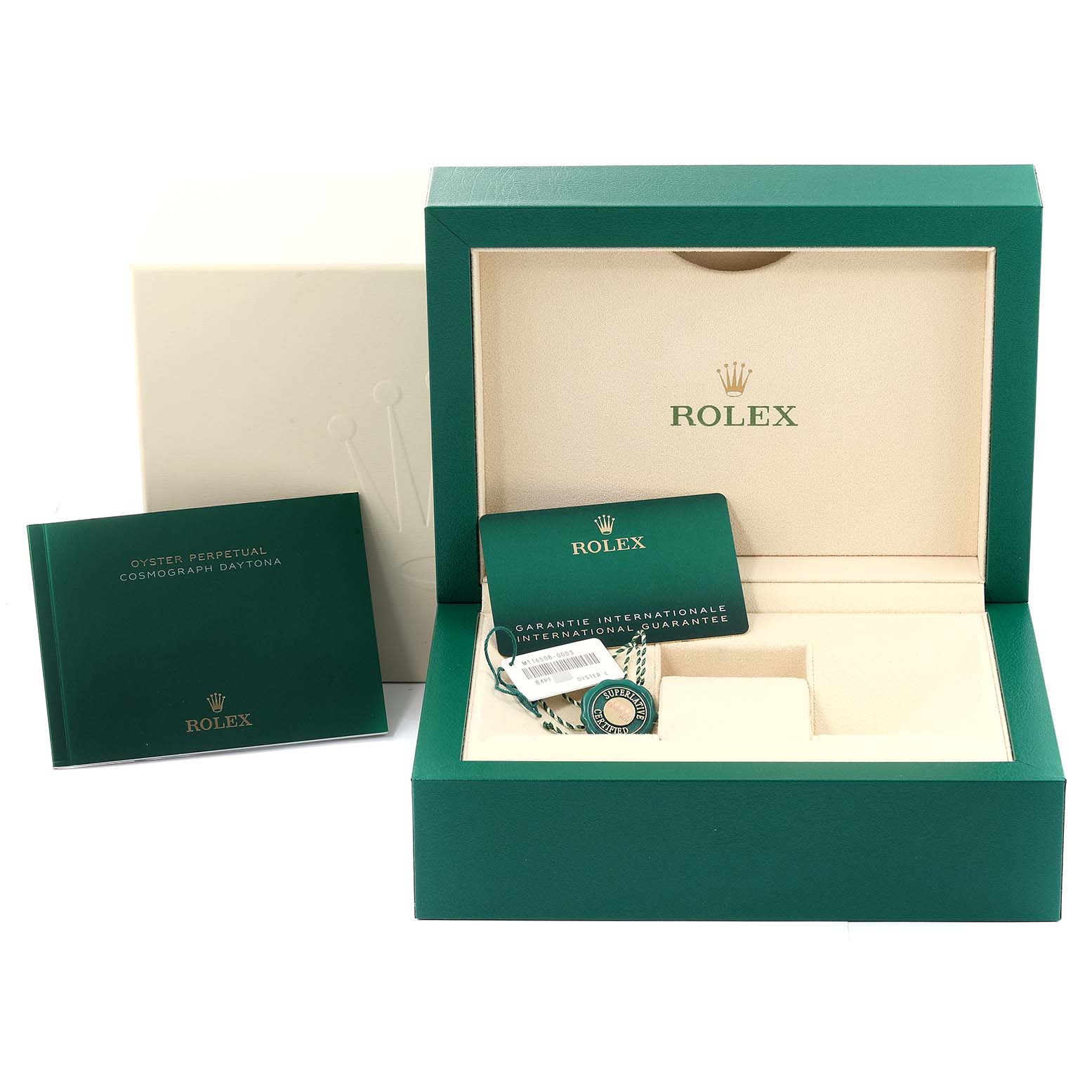The image shows the Rolex Daytona 116508 Men's Yellow Gold Champagne Dial 116508 Men's Yellow Gold Champagne Dial's open green box, warranty card, and manual from a front angle.