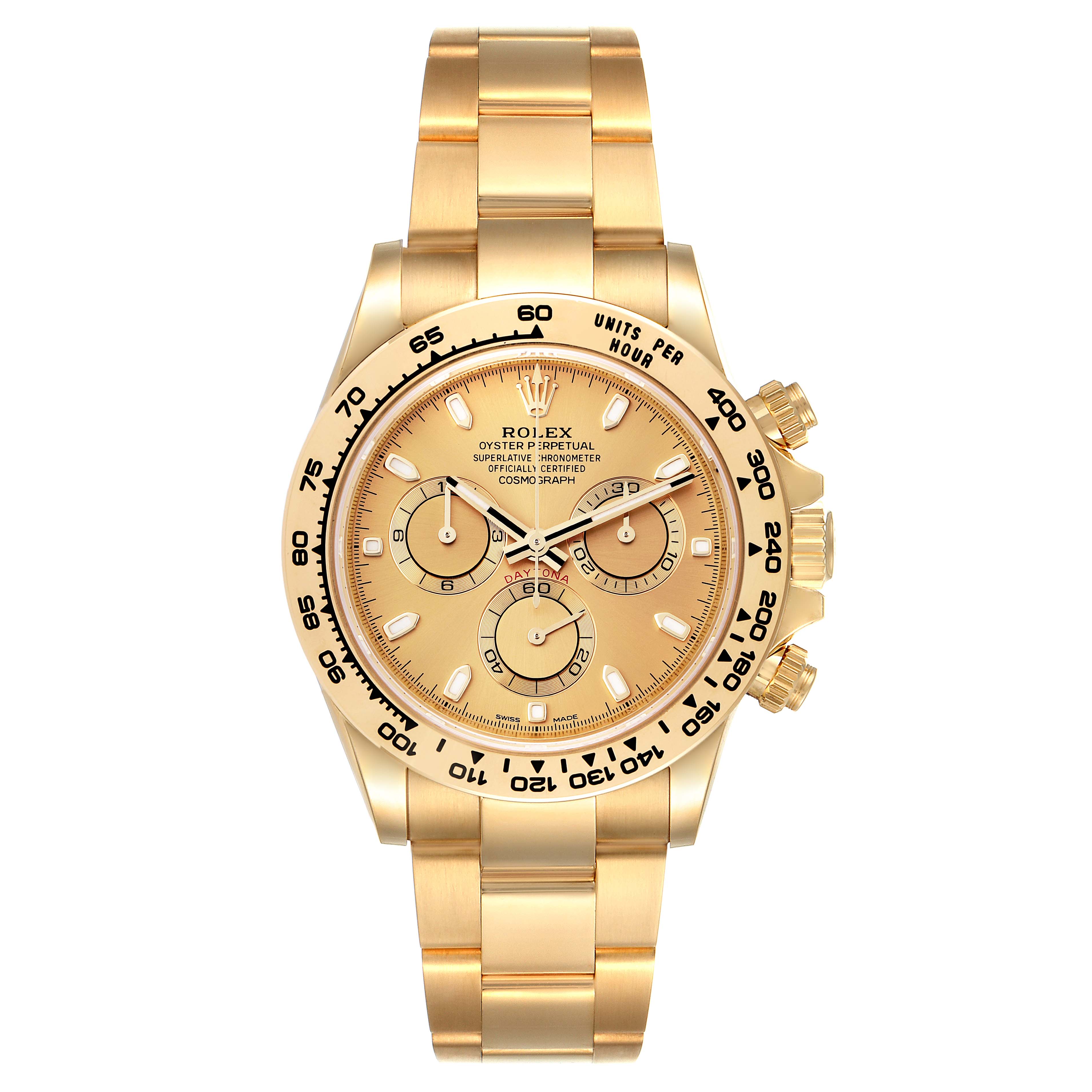 The image shows a front view of a gold Rolex Daytona 116508 Men's Yellow Gold Champagne Dial 116508 Men's Yellow Gold Champagne Dial watch, displaying its dial, bezel, and bracelet.