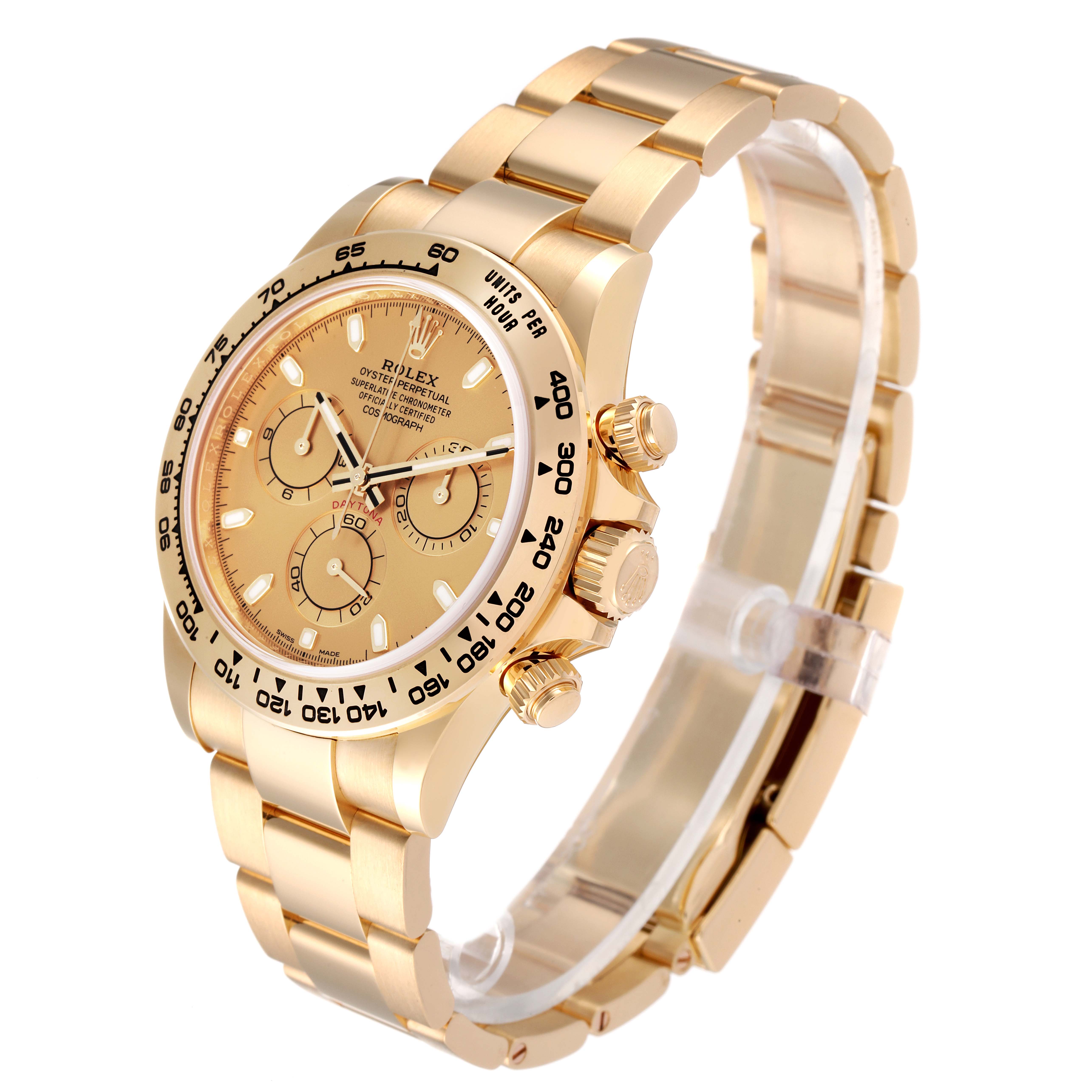 The image shows a Rolex Daytona 116508 Men's Yellow Gold Champagne Dial 116508 Men's Yellow Gold Champagne Dial watch at a three-quarter angle, highlighting the gold case, bracelet, and dial with three sub-dials.