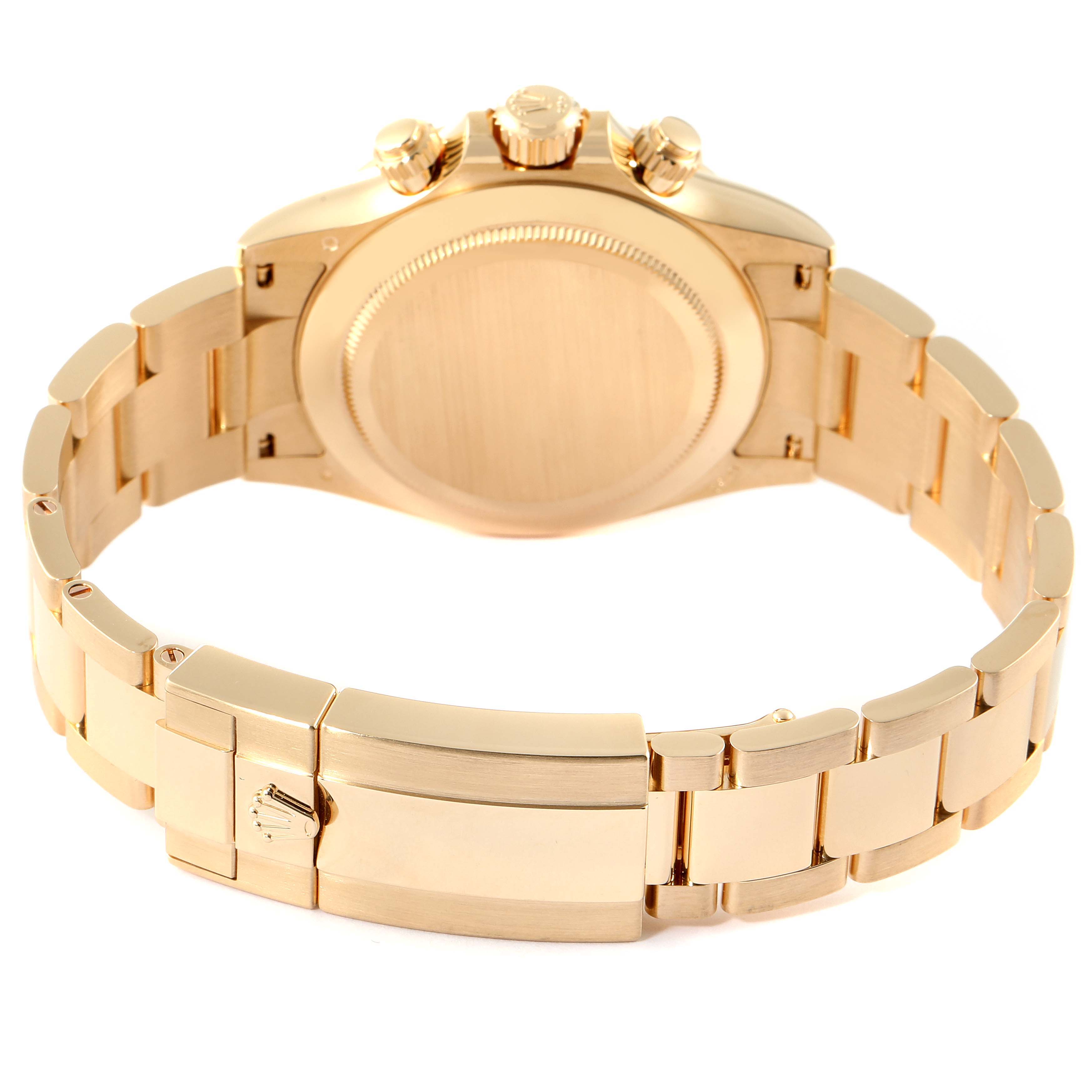 This image shows the back and bracelet clasp of a Rolex Daytona 116508 Men's Yellow Gold Champagne Dial 116508 Men's Yellow Gold Champagne Dial watch, viewed from the underside.