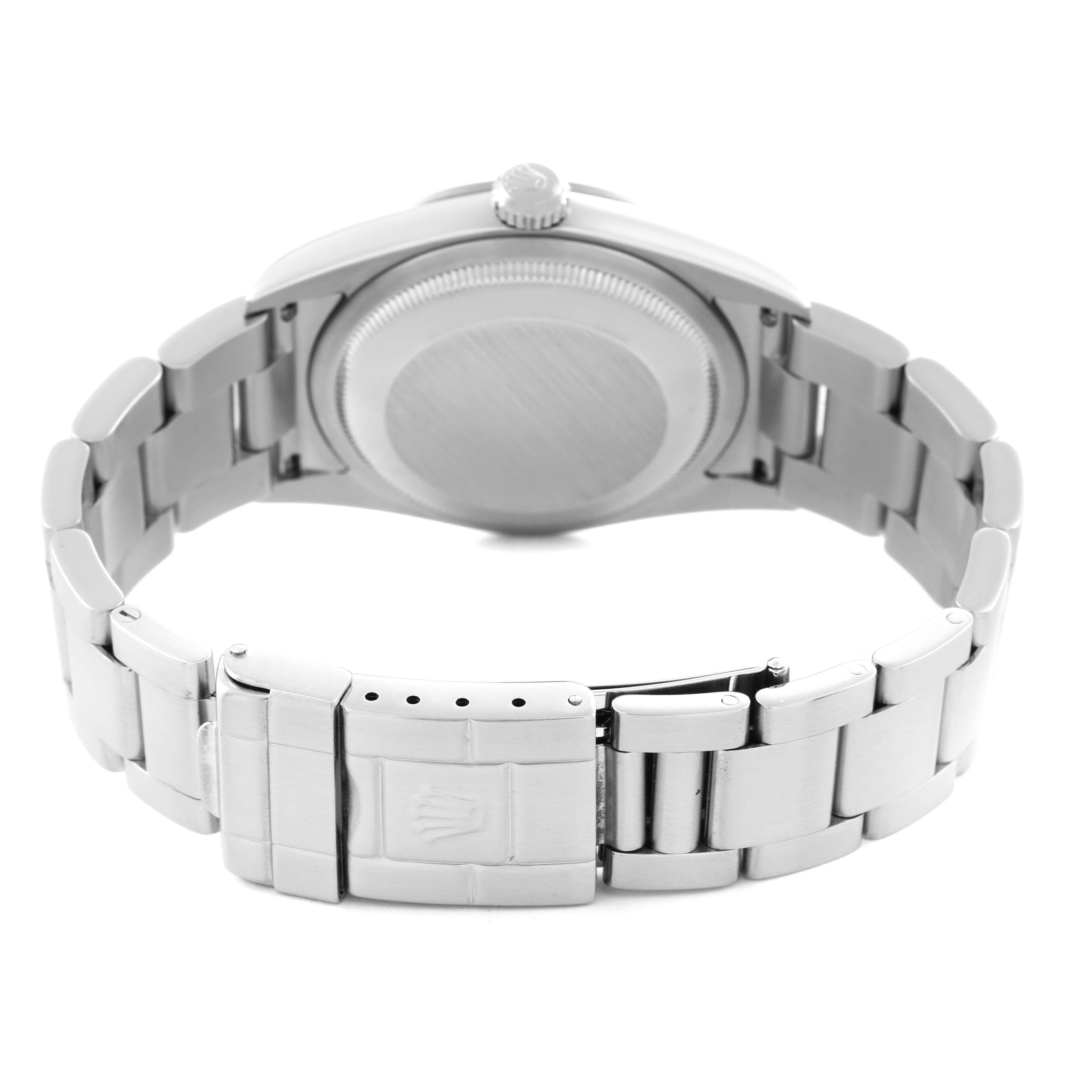 The image shows the back of a Rolex Explorer 114270 Men's Stainless Steel Black Dial 114270 Men's Stainless Steel Black Dial, highlighting the case back, crown, and bracelet with the clasp open.