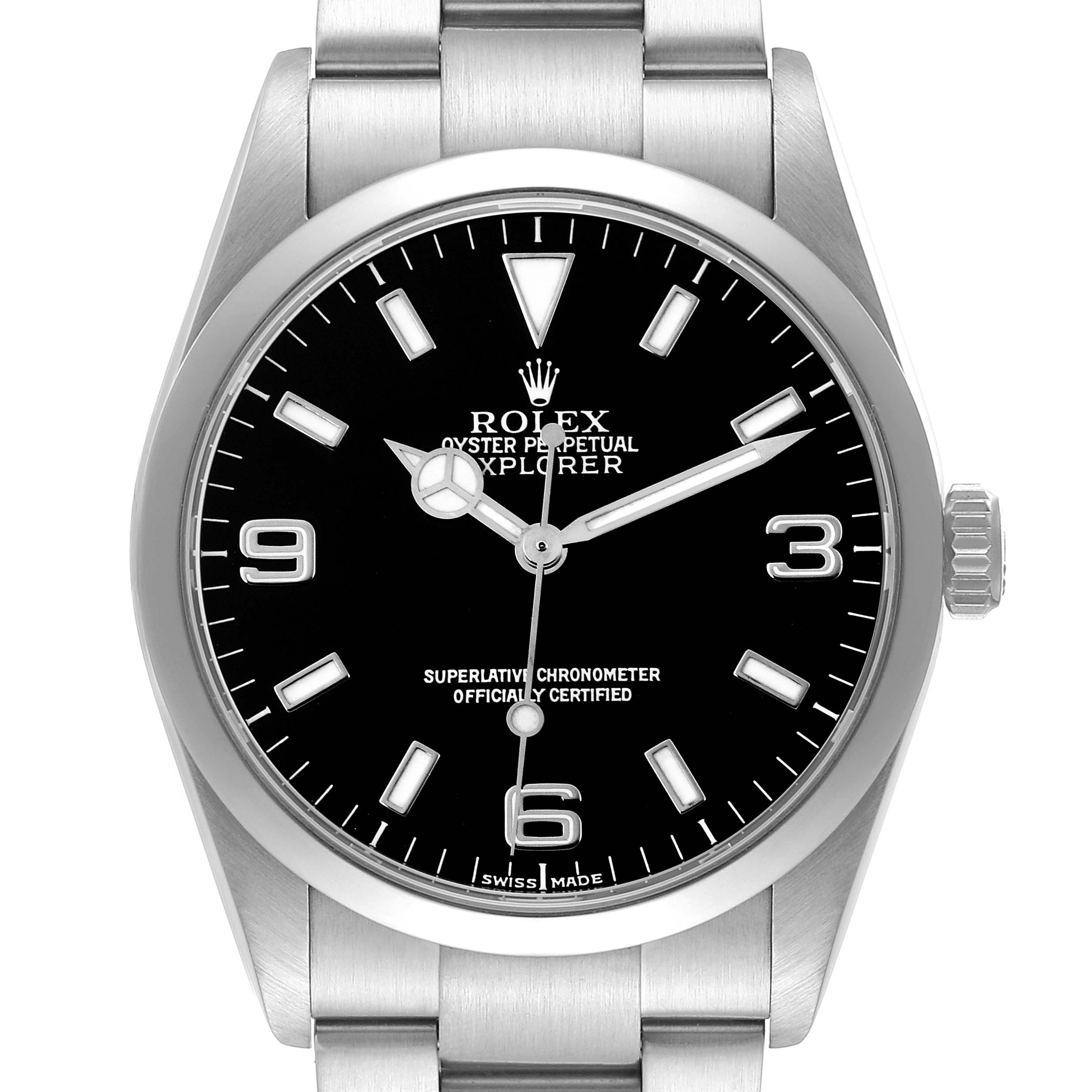 The Rolex Explorer 114270 Men's Stainless Steel Black Dial 114270 Men's Stainless Steel Black Dial watch is shown from a top-down angle, displaying its dial, bezel, crown, and part of the bracelet.
