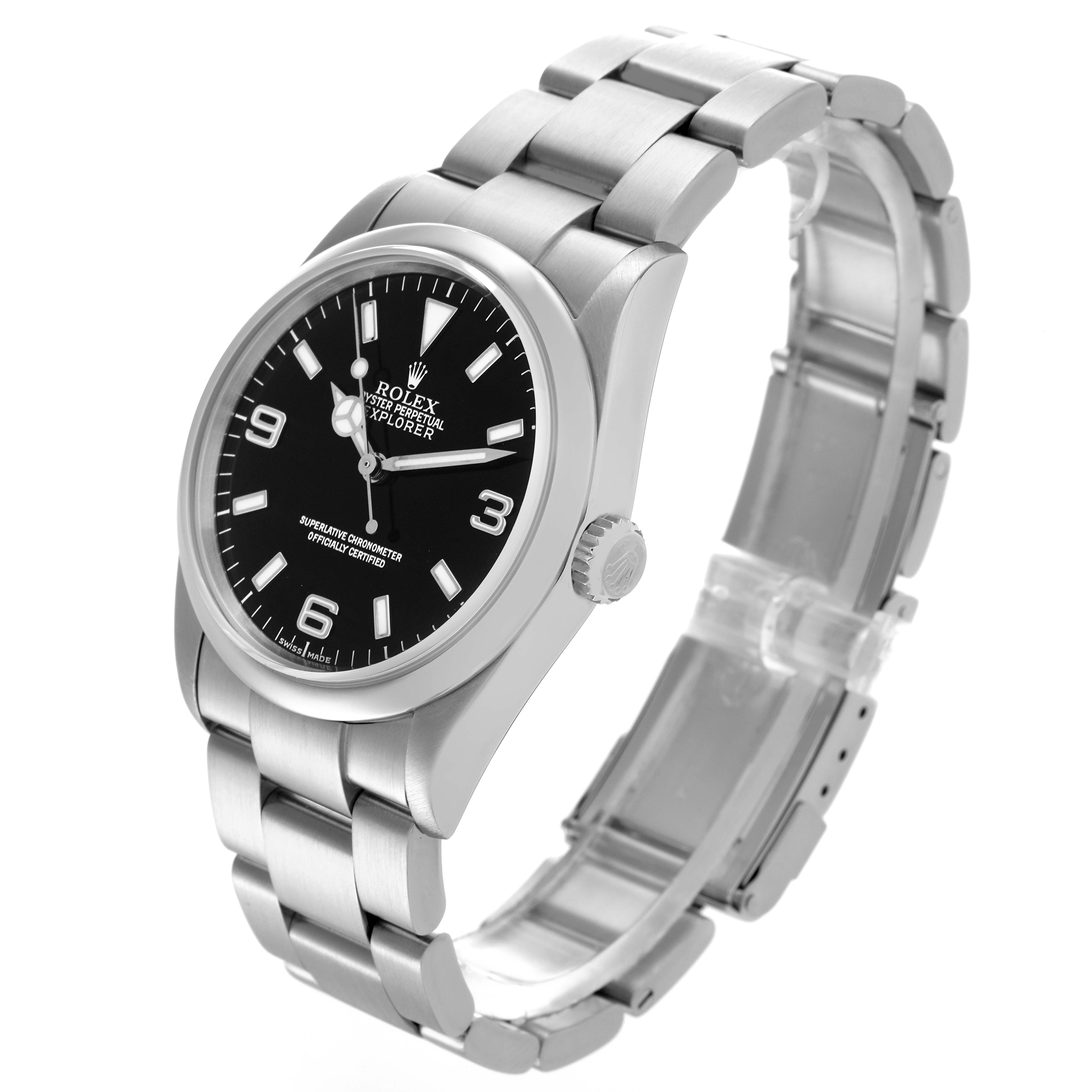 The Rolex Explorer 114270 Men's Stainless Steel Black Dial 114270 Men's Stainless Steel Black Dial is shown at a three-quarter angle, highlighting the dial, bezel, crown, and stainless steel bracelet.