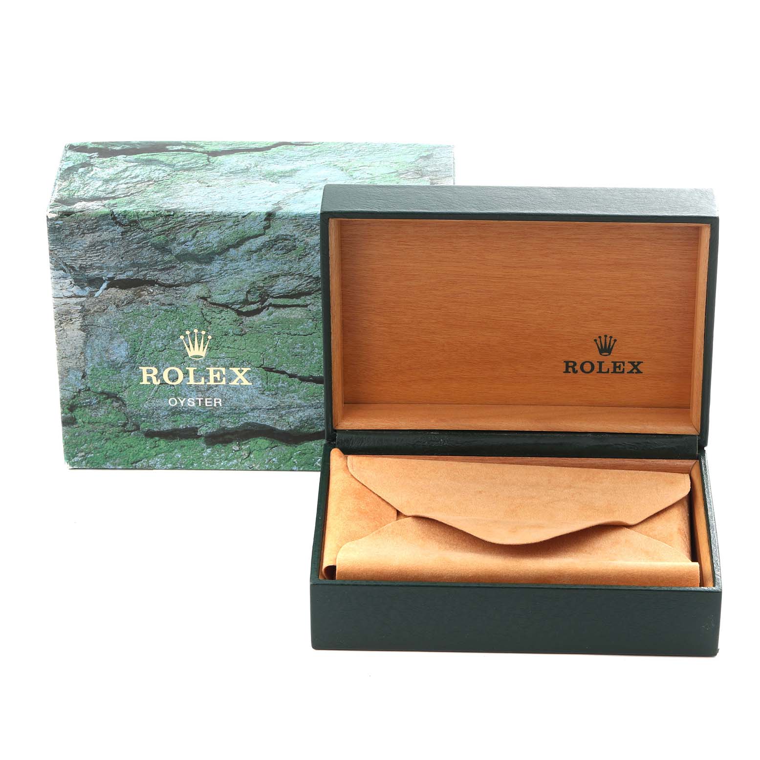 The image shows an open Rolex Explorer 114270 Men's Stainless Steel Black Dial 114270 Men's Stainless Steel Black Dial watch box with wood interior and a green outer cardboard box.