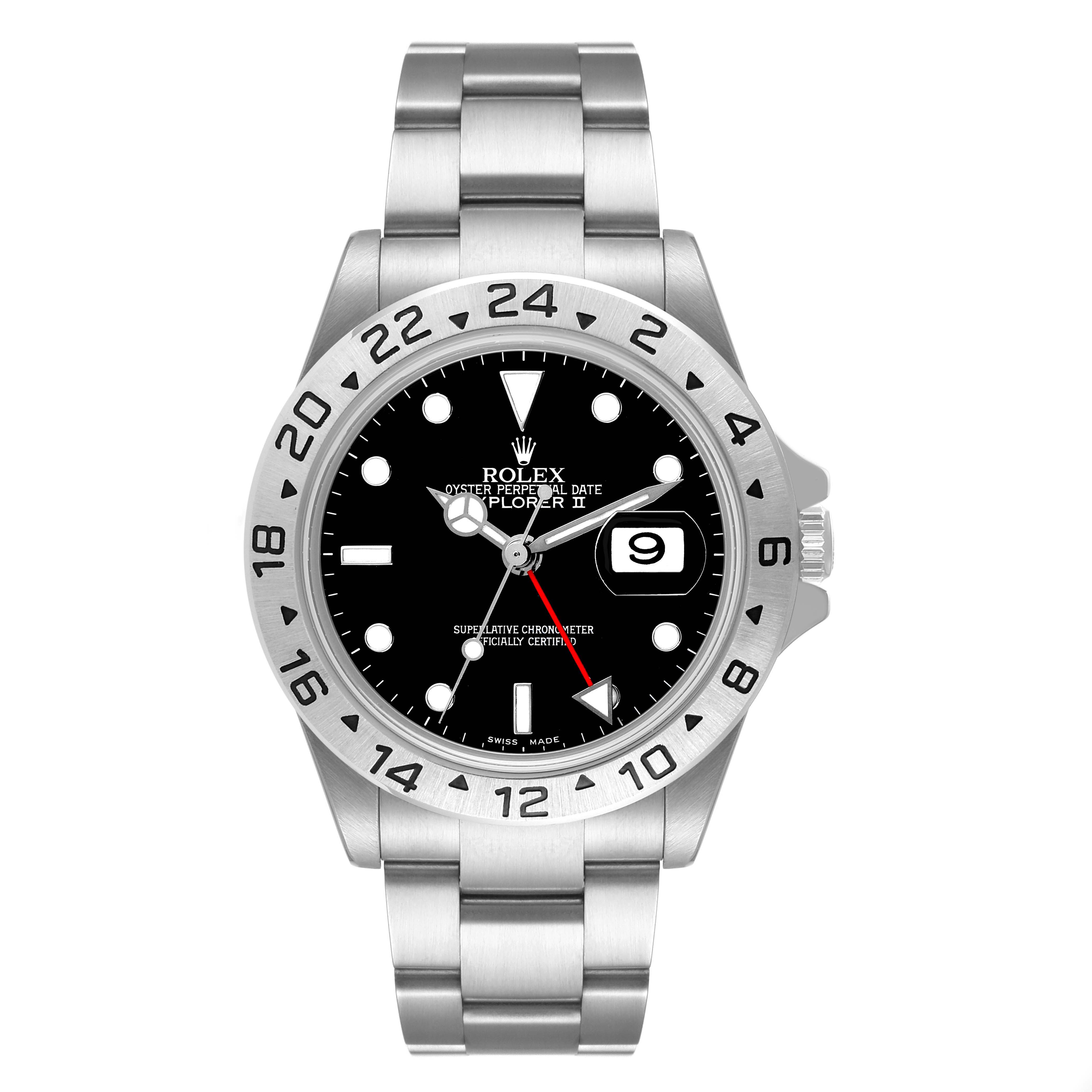 This image shows a front view of the Rolex Explorer 16570 Men
s Stainless Steel Black Dial 16570 Men
s Stainless Steel Black Dial watch, displaying its face, bezel, and stainless steel bracelet.