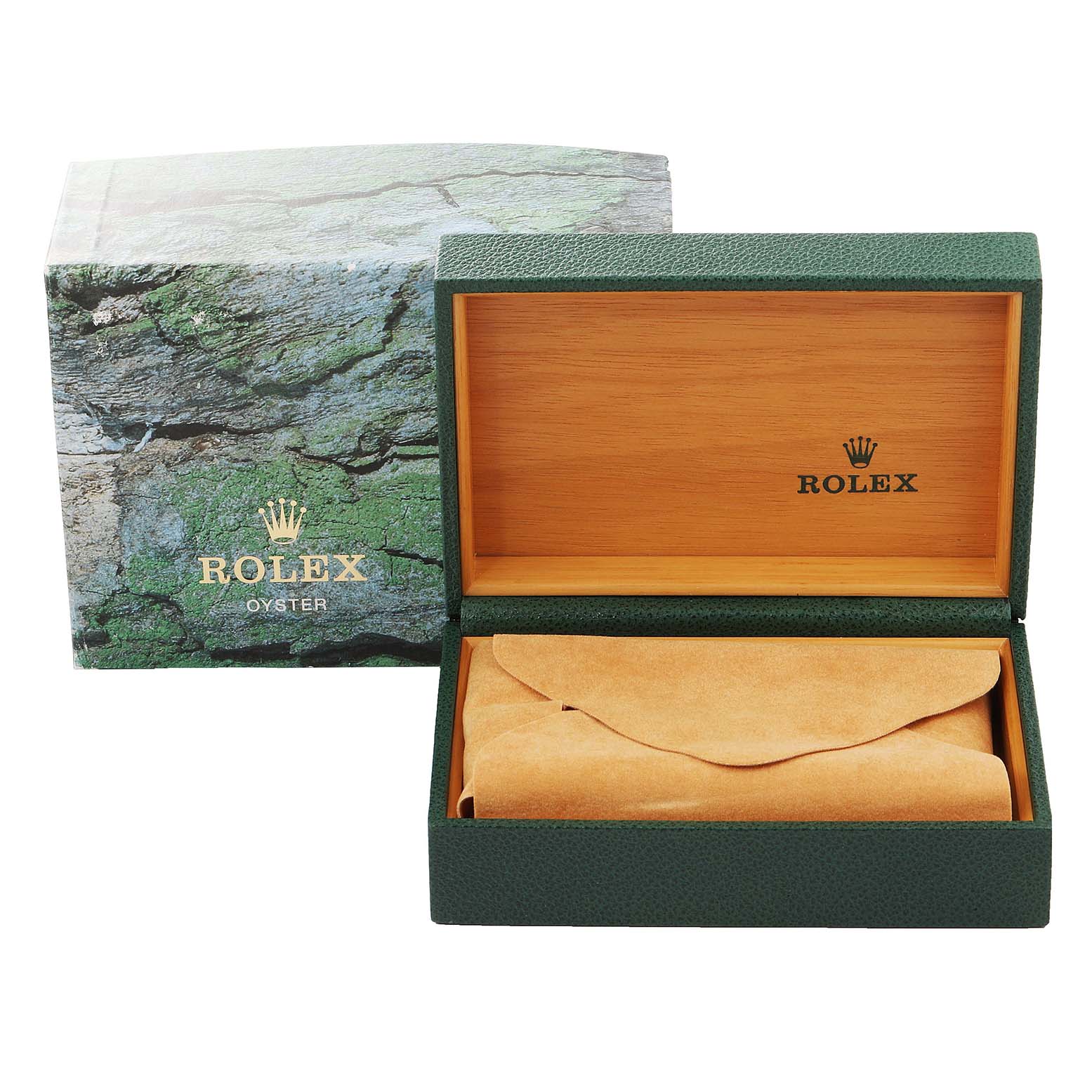 The image displays the green and tan packaging box and interior case for a Rolex Explorer 16570 Men
s Stainless Steel Black Dial 16570 Men
s Stainless Steel Black Dial watch.
