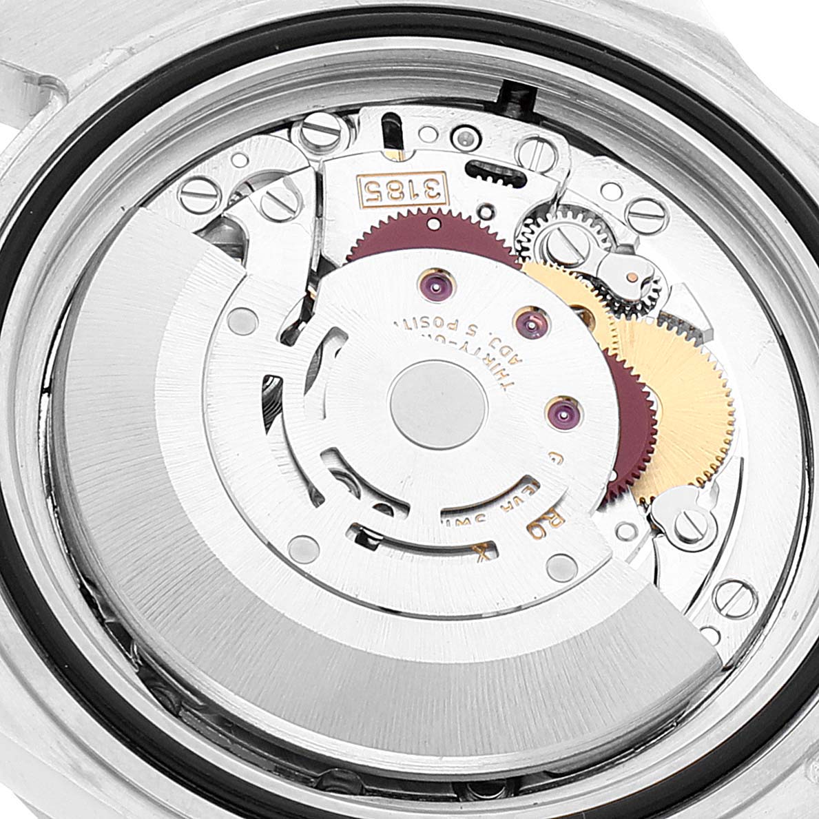 The image shows a close-up of the internal movement mechanism of a Rolex Explorer 16570 Men
s Stainless Steel Black Dial 16570 Men
s Stainless Steel Black Dial watch.