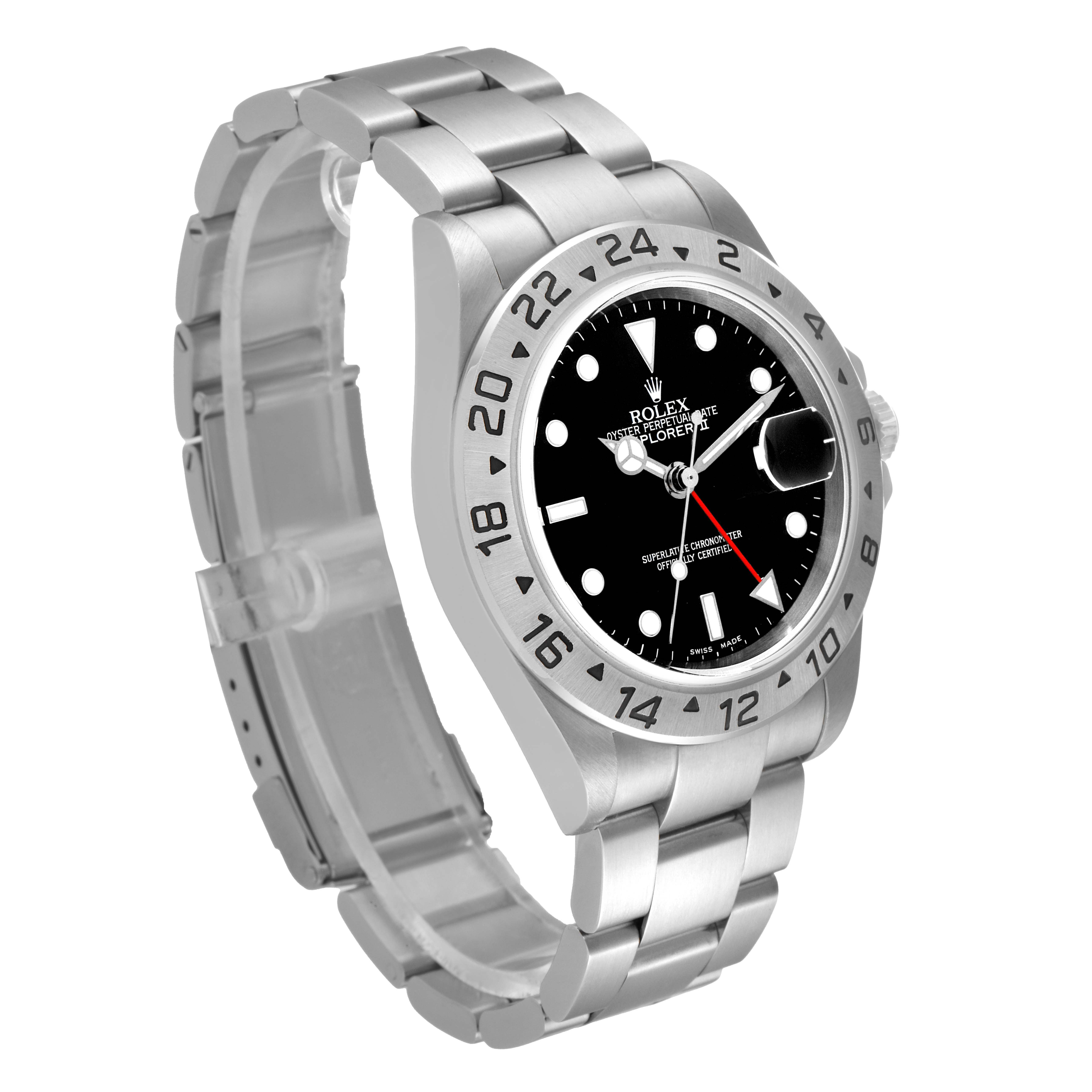 This is a Rolex Explorer 16570 Men
s Stainless Steel Black Dial 16570 Men
s Stainless Steel Black Dial watch shown from a 3/4 angle, displaying its face, bezel, crown, and bracelet.