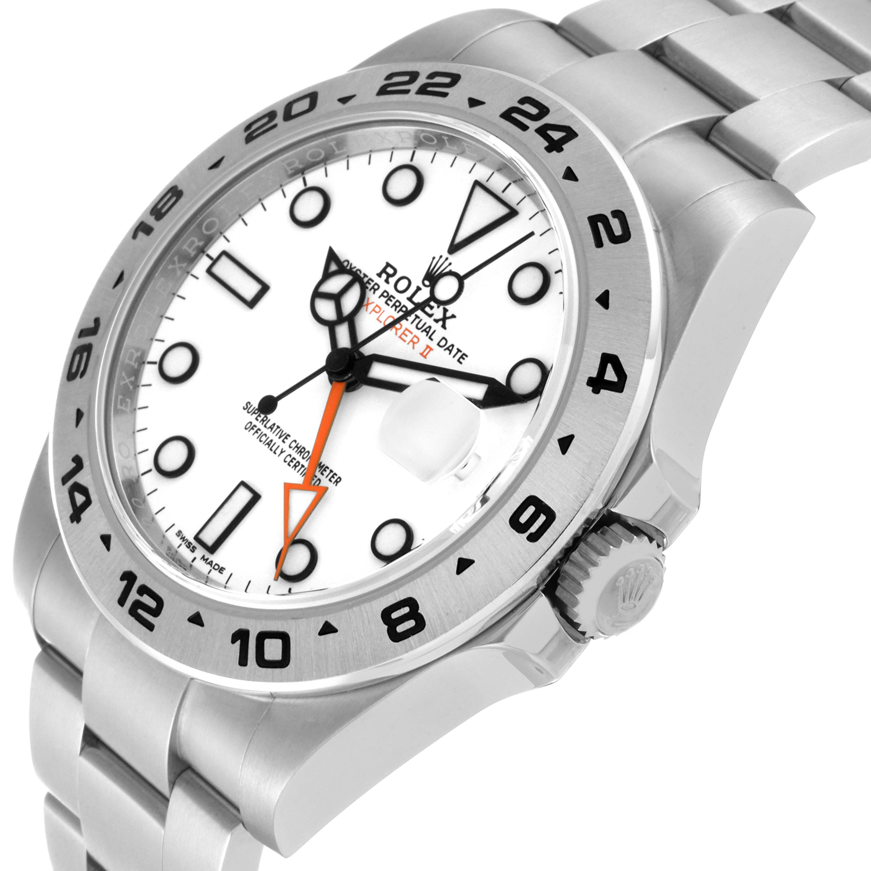 The image shows the Rolex Explorer 216570 Men
s Stainless Steel White Dial 216570 Men
s Stainless Steel White Dial watch at an angle that highlights the face, bezel, and stainless steel bracelet.
