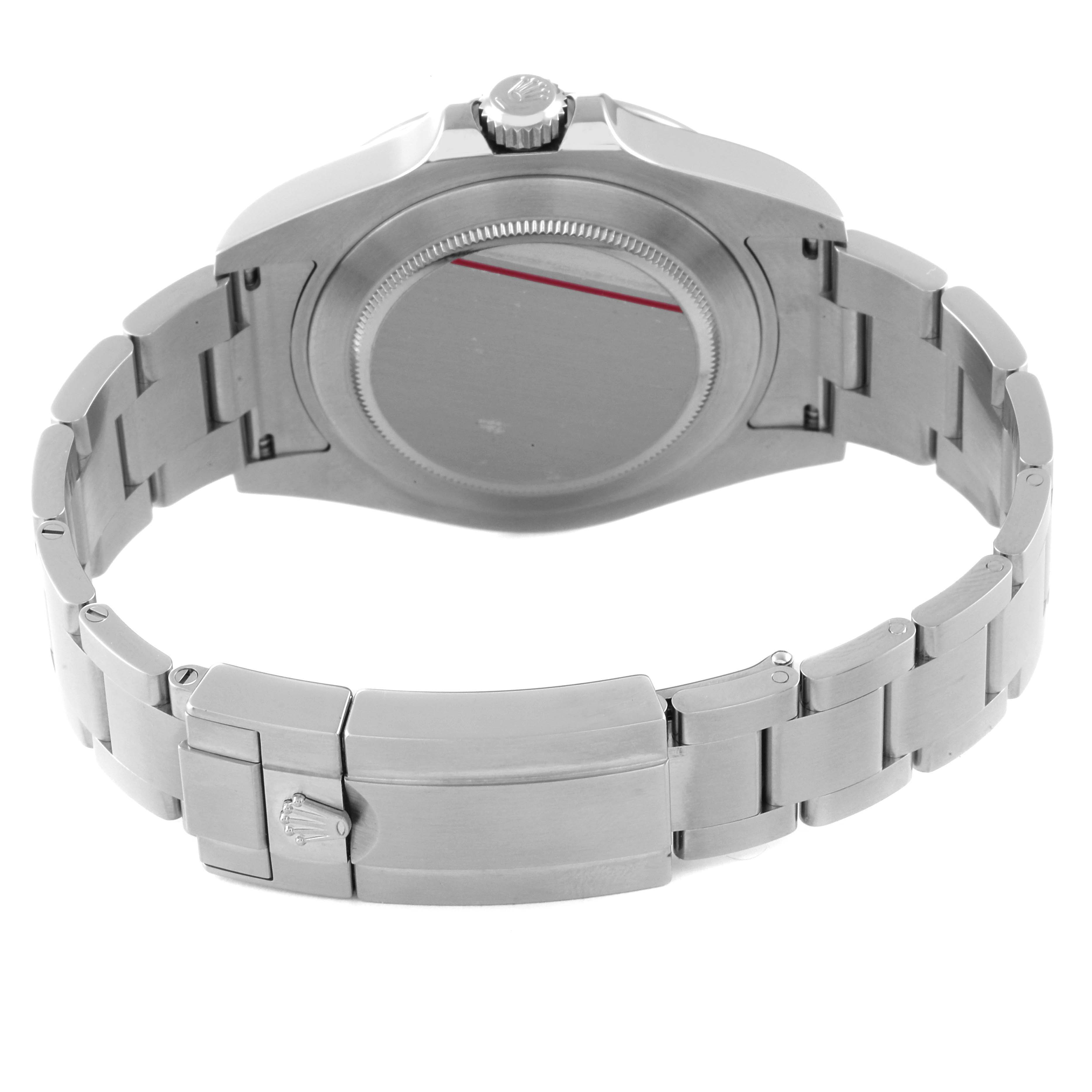 This image shows the back of the Rolex Explorer 216570 Men
s Stainless Steel White Dial 216570 Men
s Stainless Steel White Dial with its bracelet and clasp fully extended.