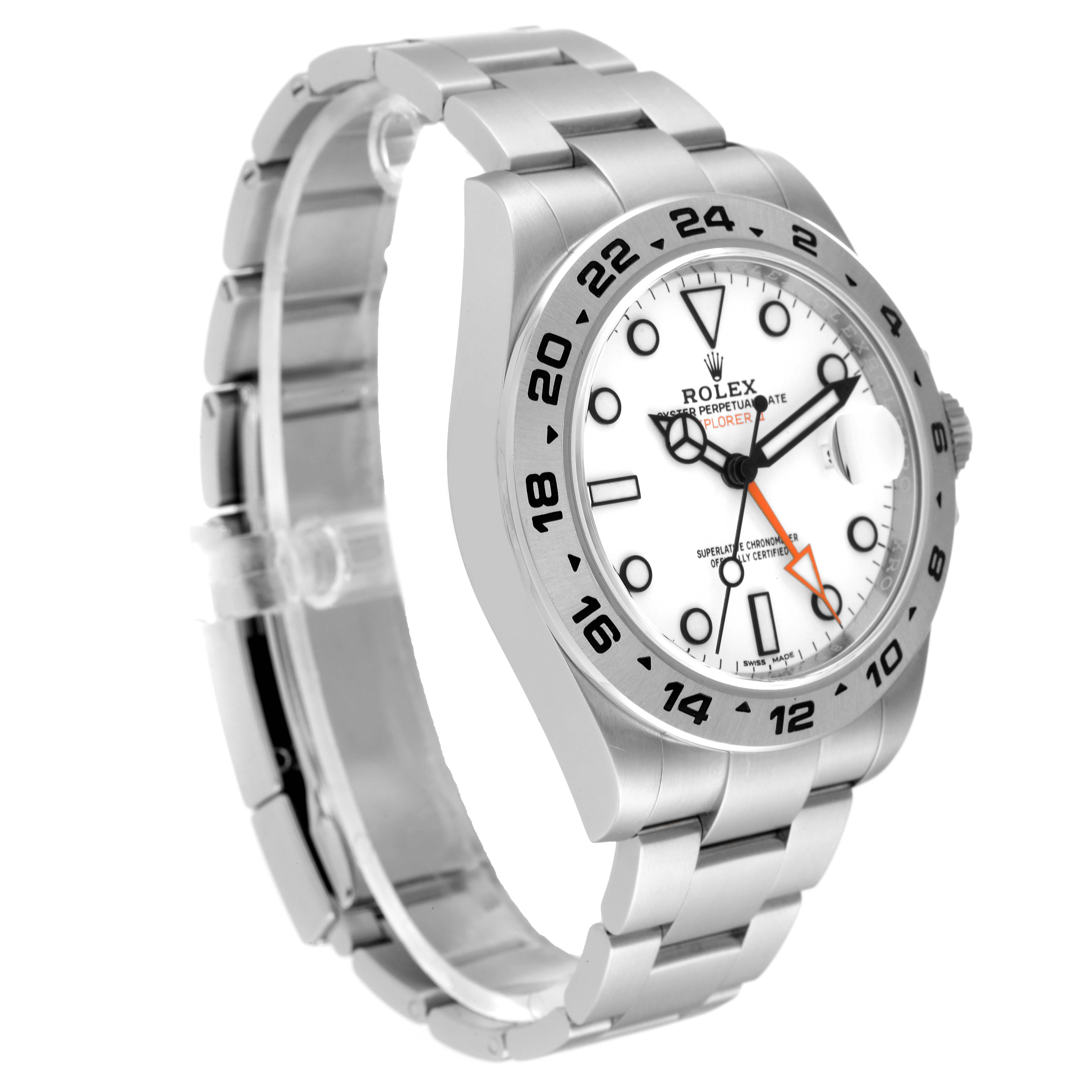 This image shows the Rolex Explorer 216570 Men
s Stainless Steel White Dial 216570 Men
s Stainless Steel White Dial watch from a front angle, highlighting the dial, bezel, and part of the bracelet.