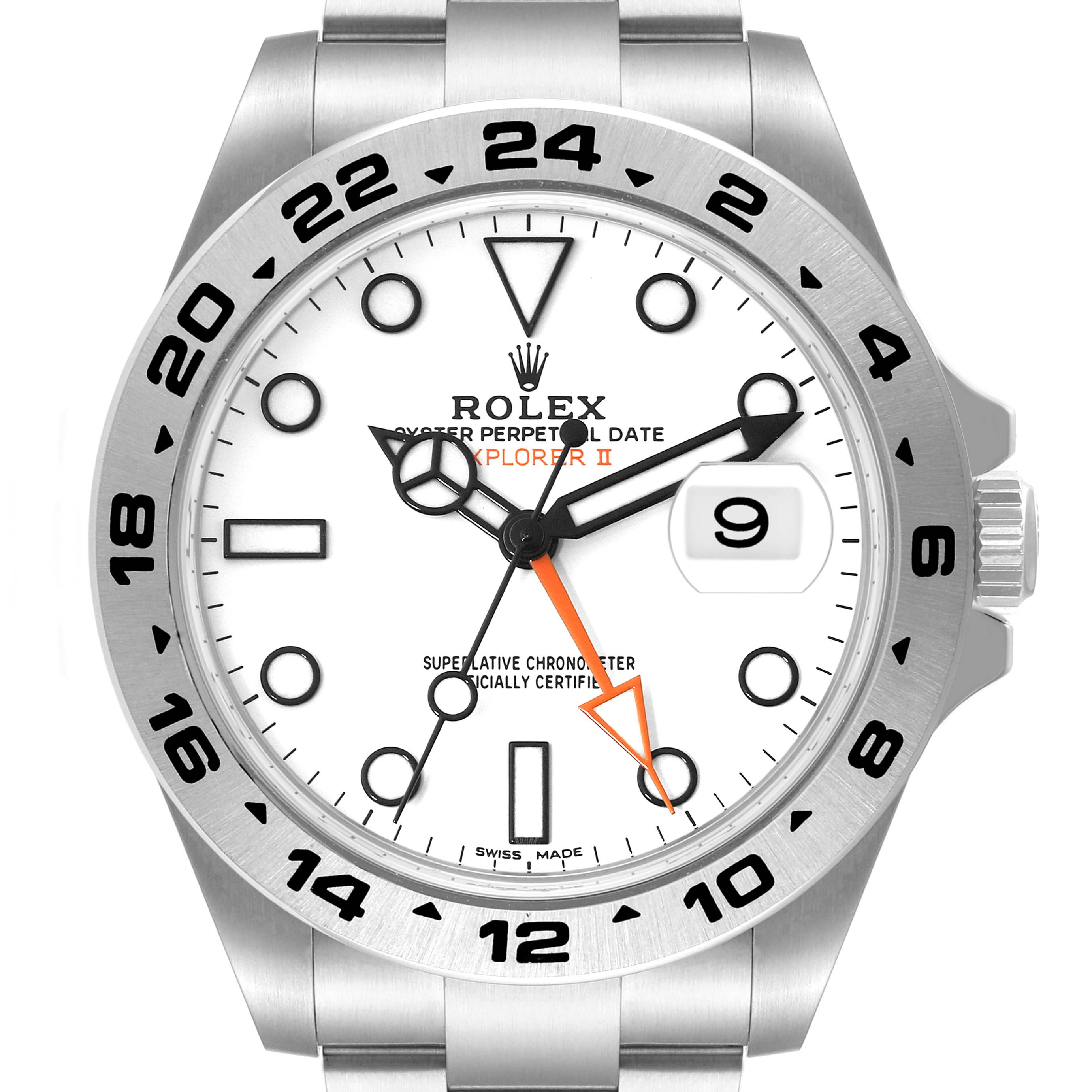 The image shows a front view of the Rolex Explorer 216570 Men
s Stainless Steel White Dial 216570 Men
s Stainless Steel White Dial watch, displaying its face, bezel, crown, and part of the bracelet.