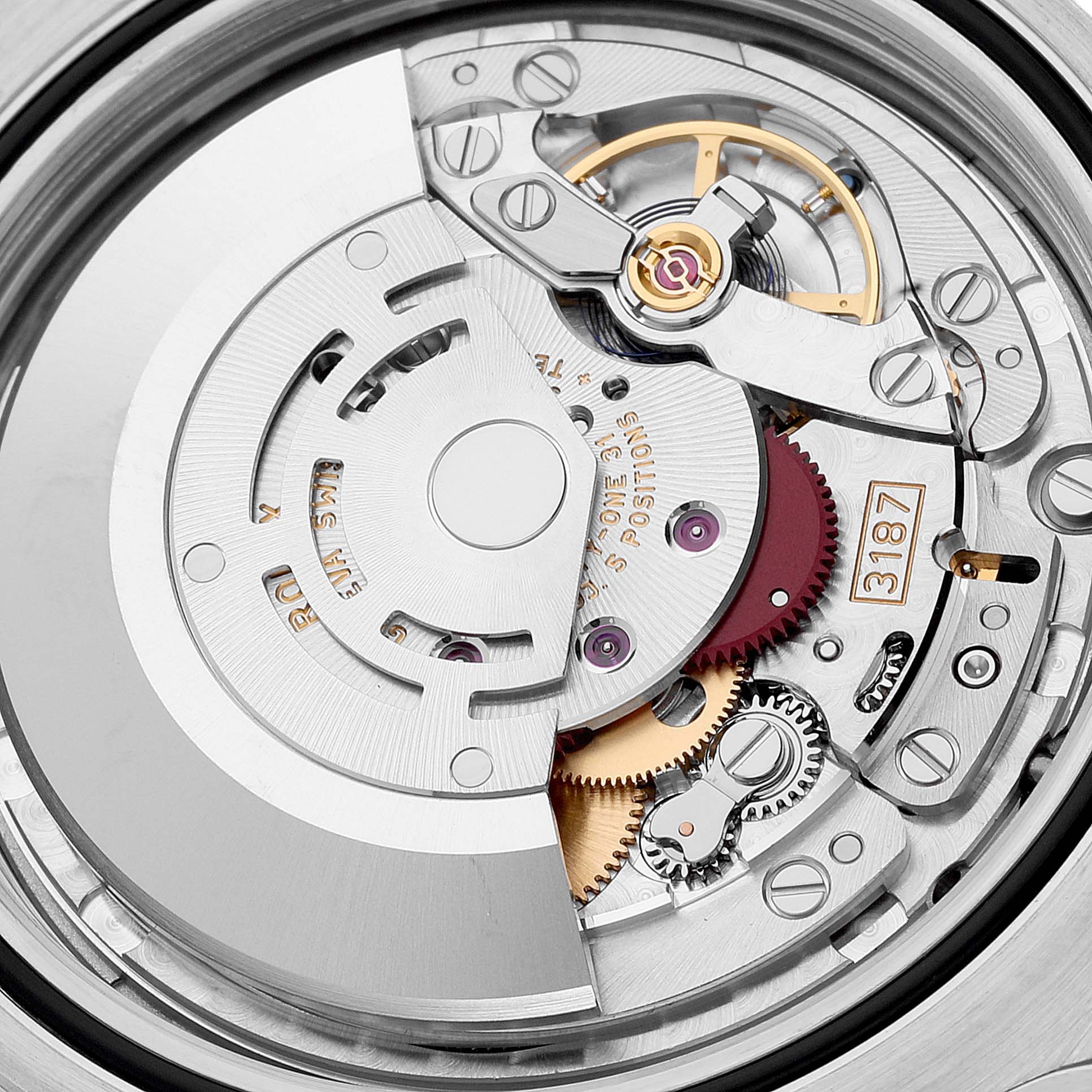 This image shows a close-up view of the intricate internal mechanism of a Rolex Explorer 216570 Men
s Stainless Steel White Dial 216570 Men
s Stainless Steel White Dial watch, highlighting its movement parts.