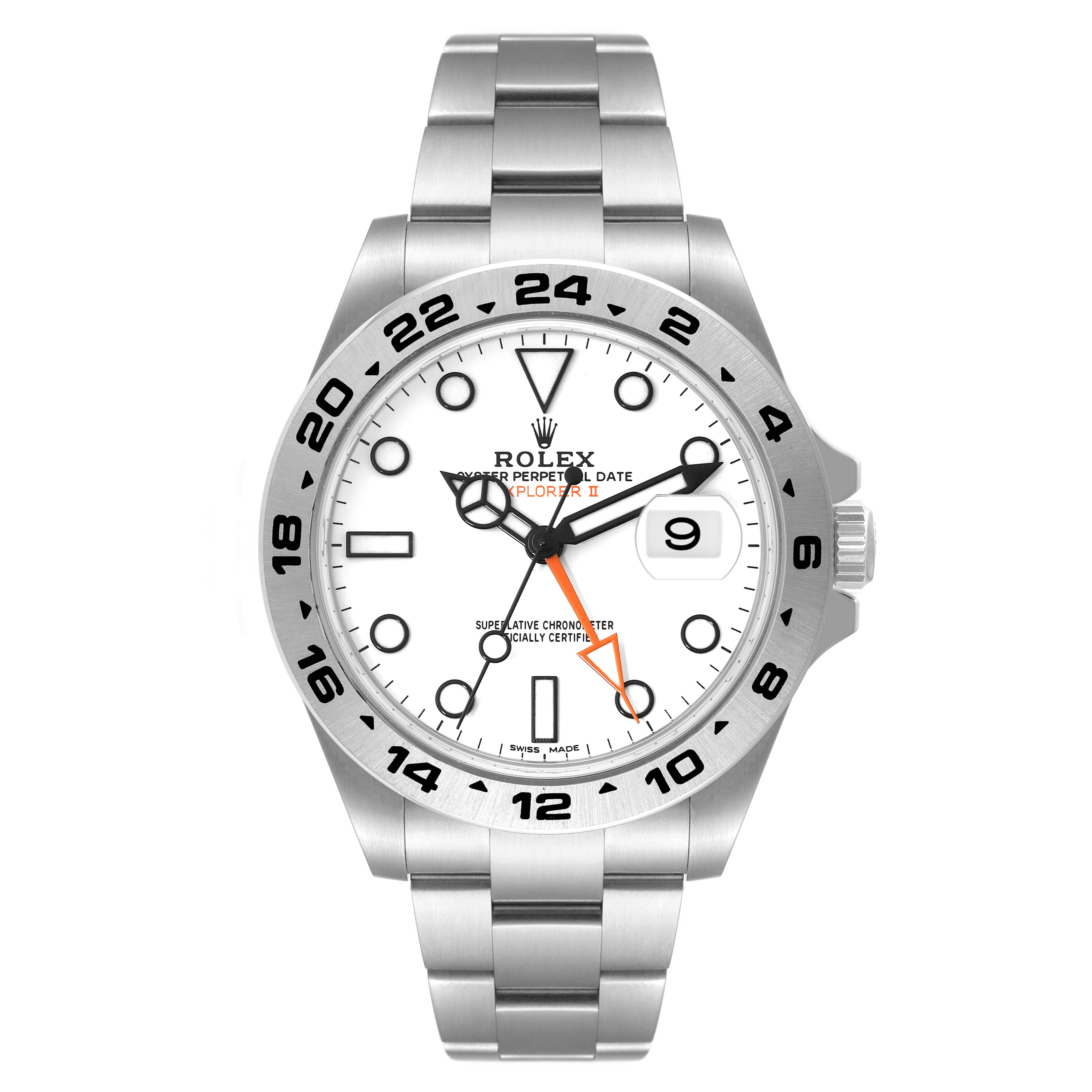 The image shows a front view of a Rolex Explorer 216570 Men
s Stainless Steel White Dial 216570 Men
s Stainless Steel White Dial watch, showcasing its dial, bezel, and bracelet.