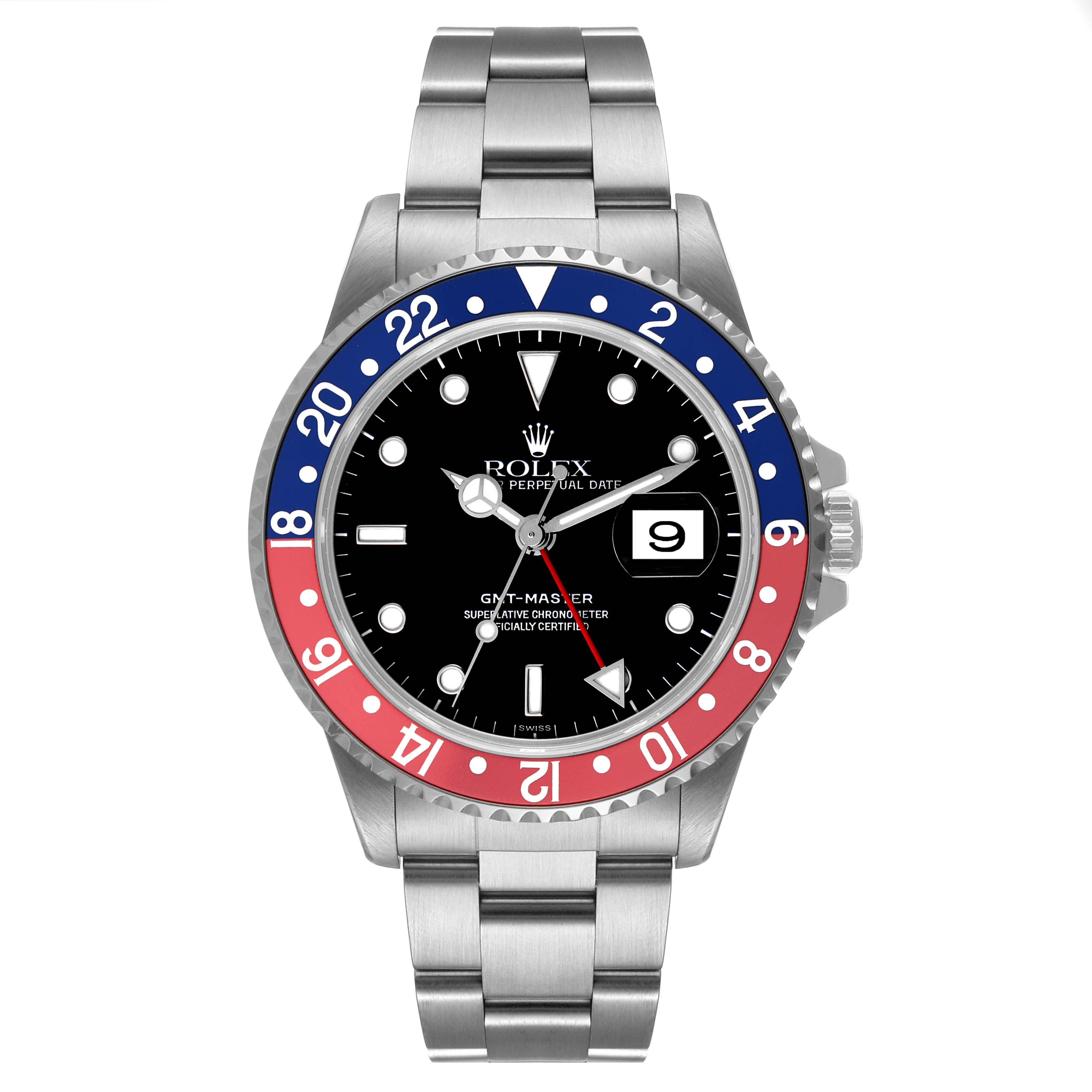 This Rolex GMT-Master 16700 Men
s Stainless Steel Black Dial 16700 Men
s Stainless Steel Black Dial watch is shown from a front angle, displaying its bezel, face, hands, date window, and bracelet.