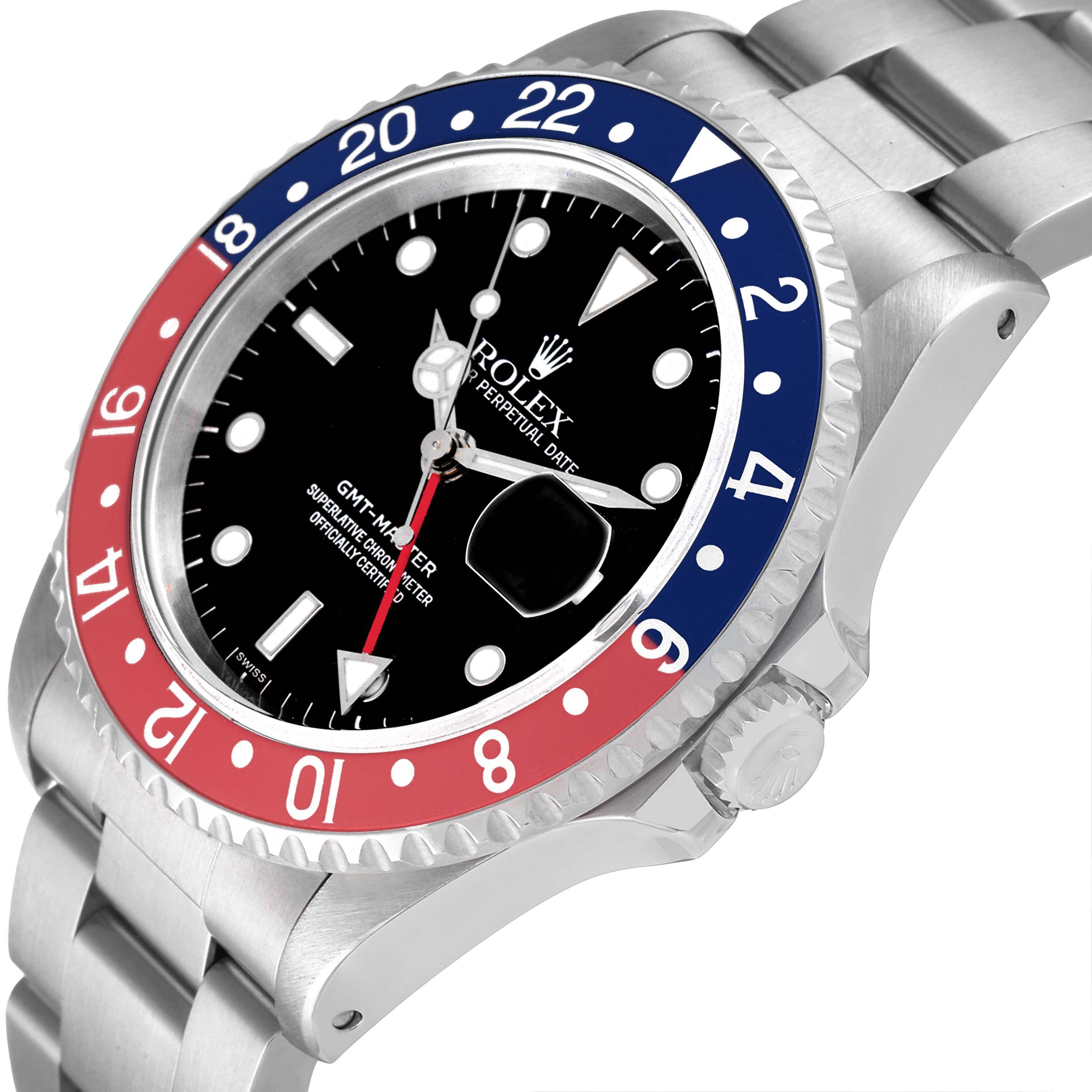 The image shows a side angle of a Rolex GMT-Master 16700 Men
s Stainless Steel Black Dial 16700 Men
s Stainless Steel Black Dial watch, highlighting the bezel, dial, and part of the bracelet.