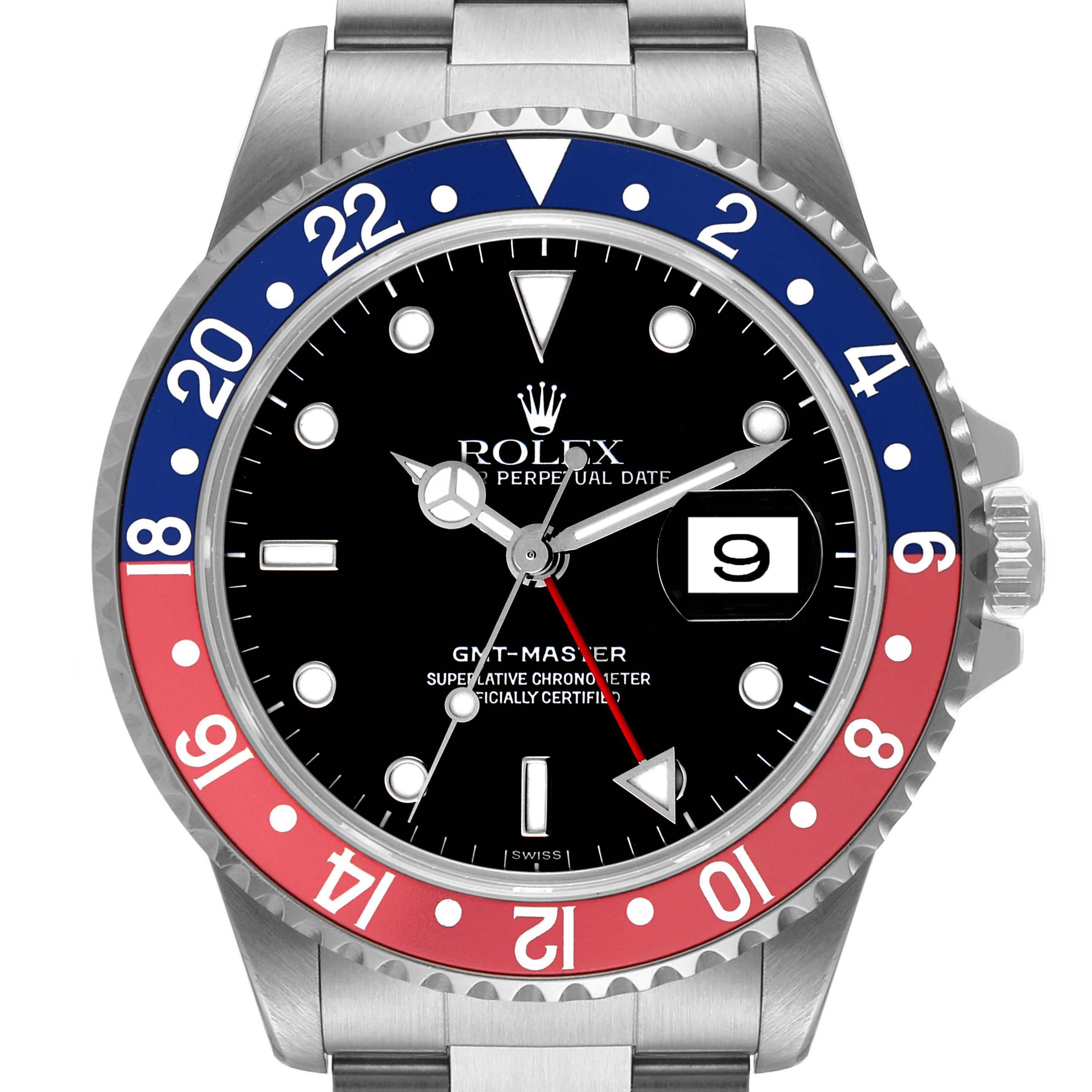 This image features a frontal view of a Rolex GMT-Master 16700 Men
s Stainless Steel Black Dial 16700 Men
s Stainless Steel Black Dial watch, showcasing its black dial, bi-color bezel, date window, and stainless steel bracelet.