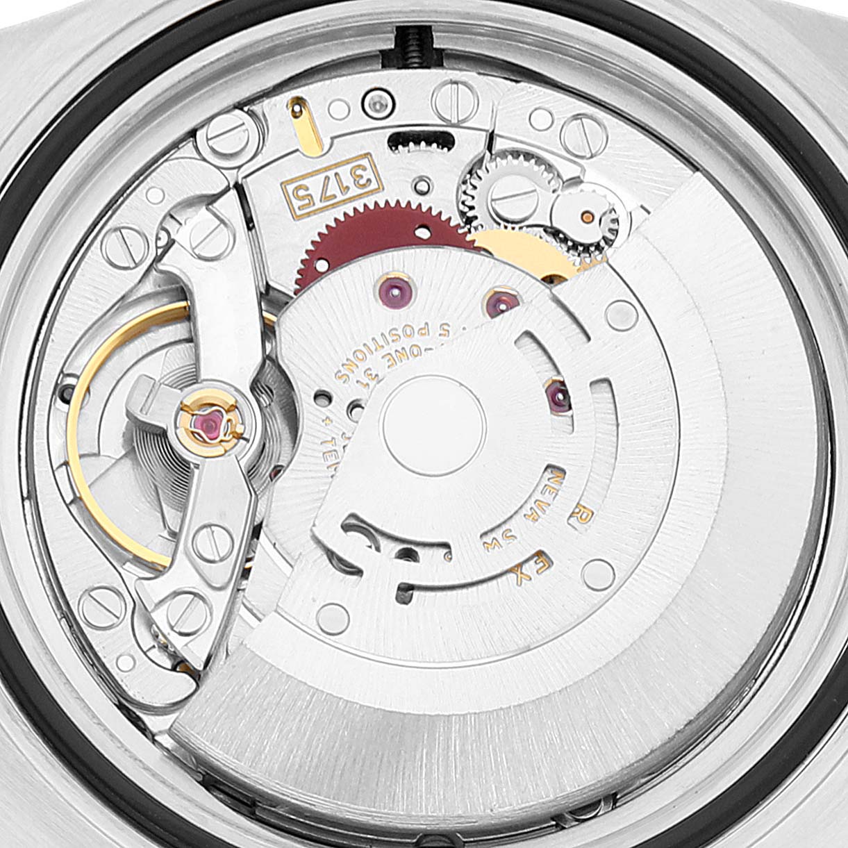 This image shows the internal movement mechanism of a Rolex GMT-Master 16700 Men
s Stainless Steel Black Dial 16700 Men
s Stainless Steel Black Dial watch from a rear perspective.