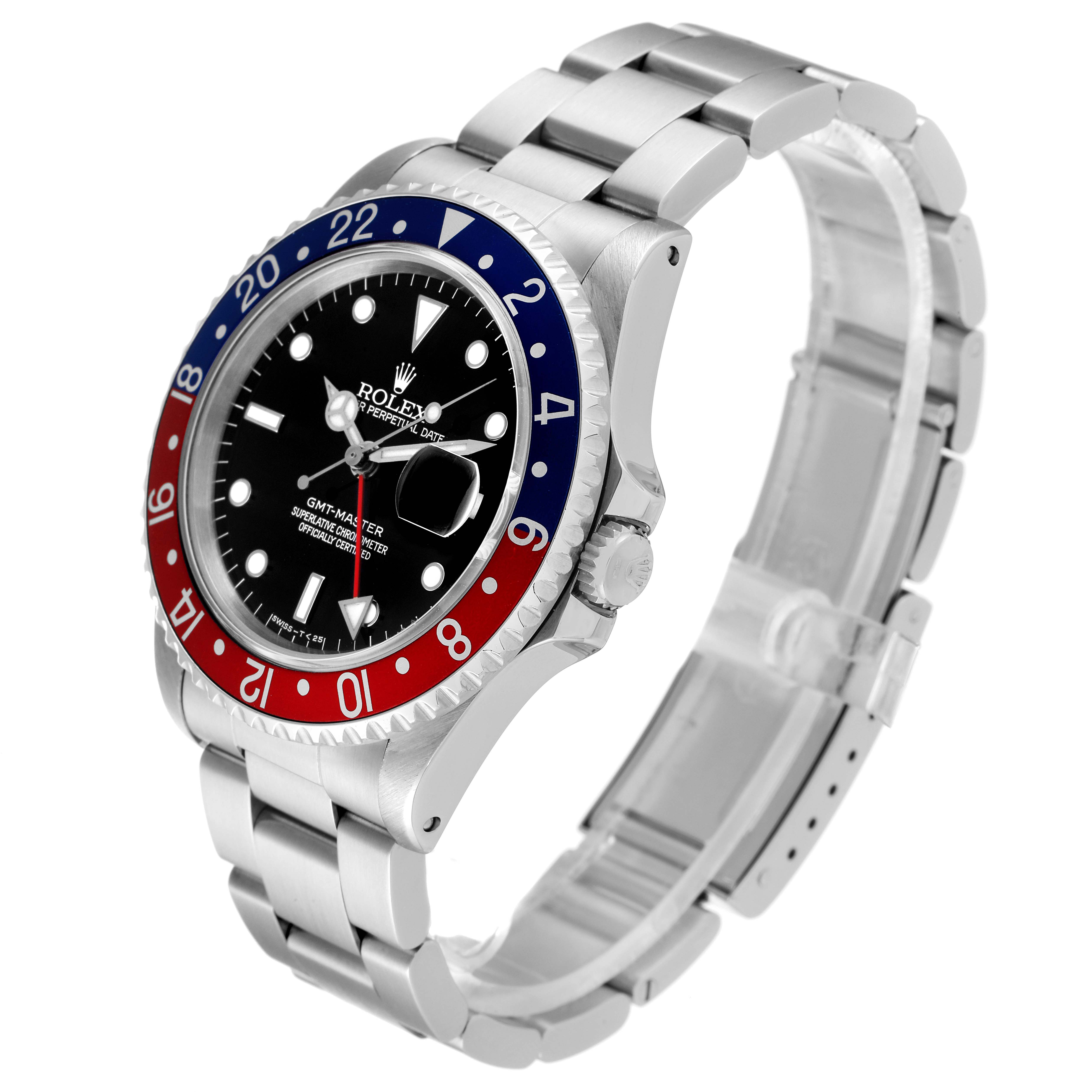 The Rolex GMT-Master 16700 Men's Stainless Steel Black Dial 16700 Men's Stainless Steel Black Dial watch is shown at a three-quarter angle, highlighting its bezel, dial, and stainless steel bracelet.