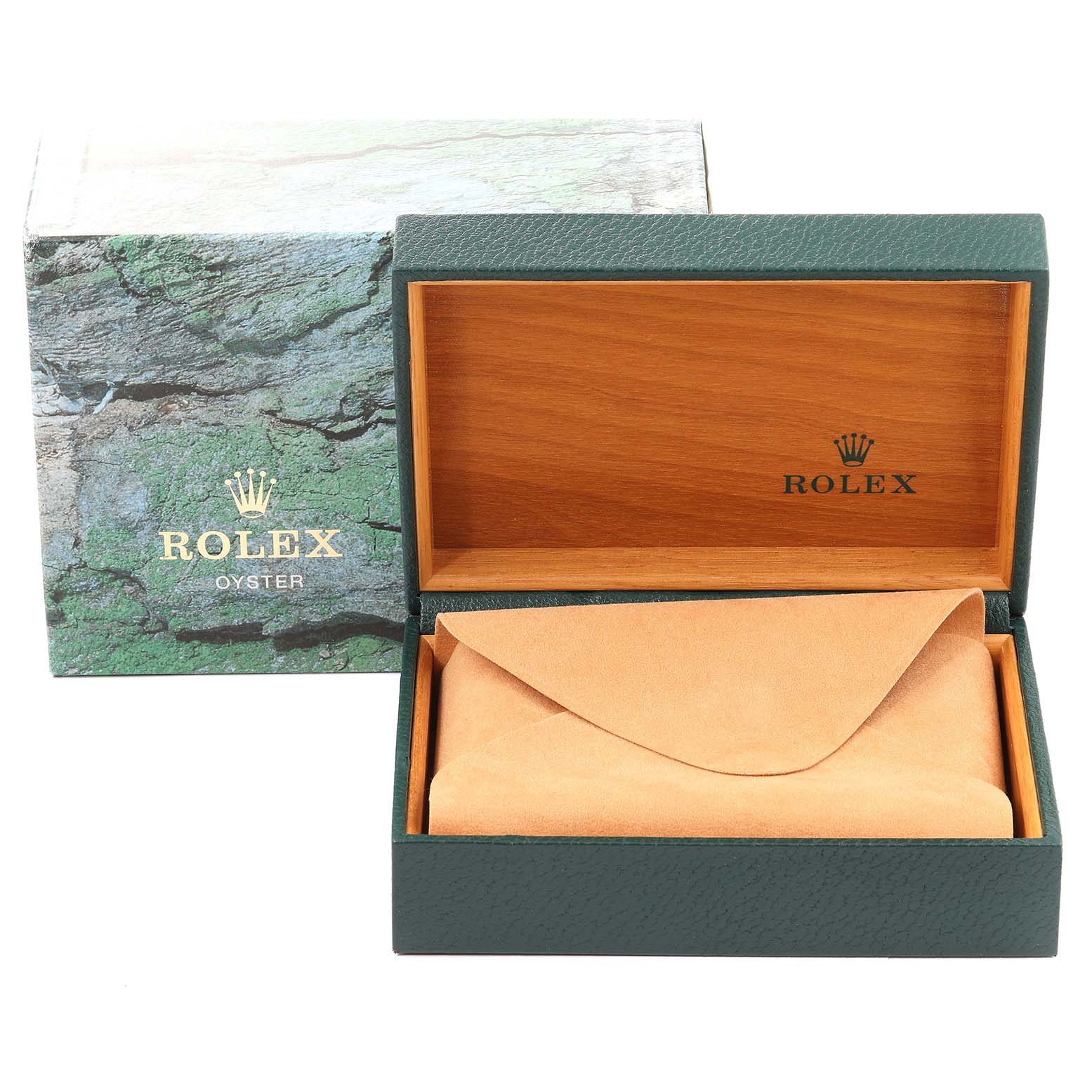 The image shows an open Rolex GMT-Master 16700 Men's Stainless Steel Black Dial 16700 Men's Stainless Steel Black Dial watch box, revealing a suede pouch inside.