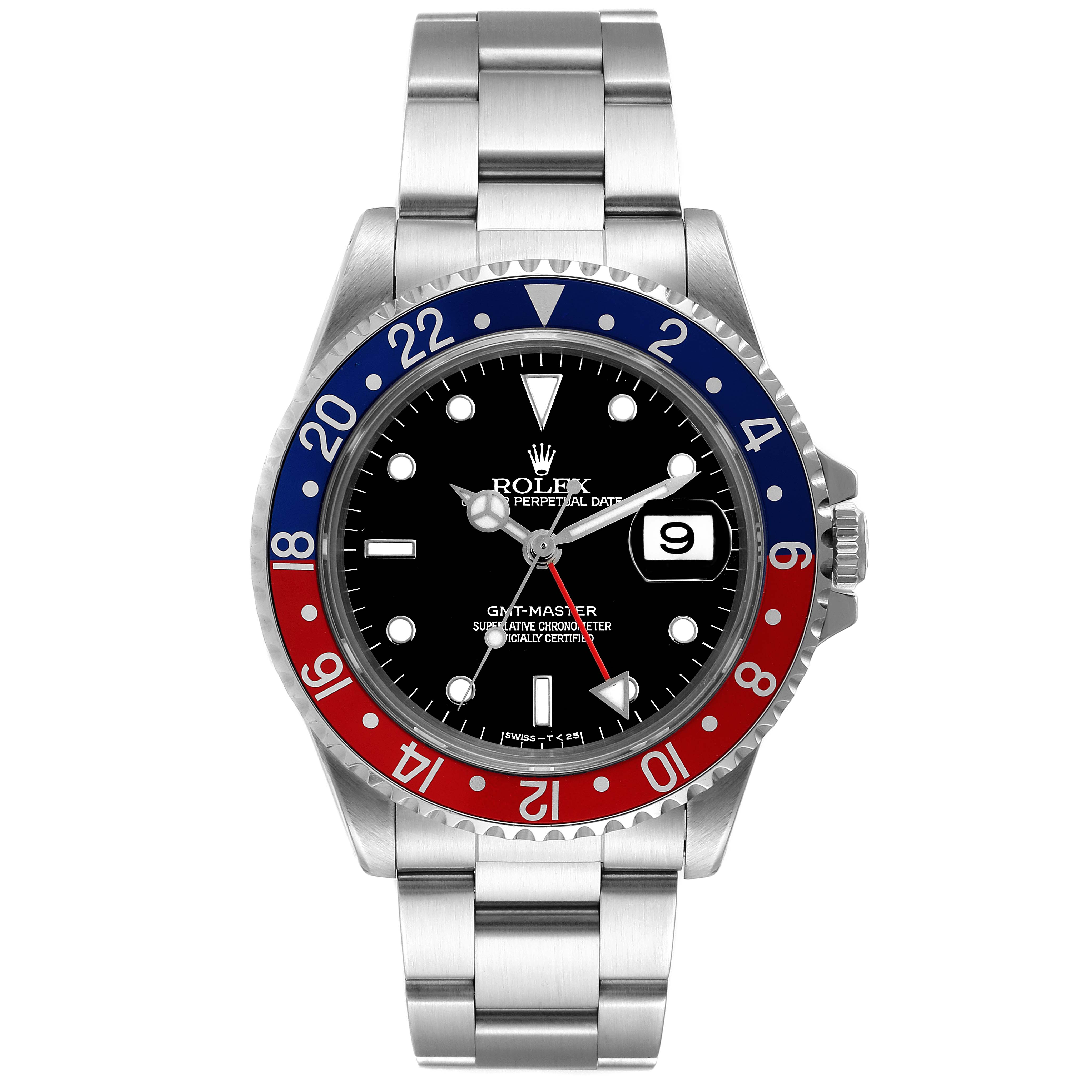 The image shows a front view of the Rolex GMT-Master 16700 Men's Stainless Steel Black Dial 16700 Men's Stainless Steel Black Dial watch, displaying the dial, bezel, and bracelet.