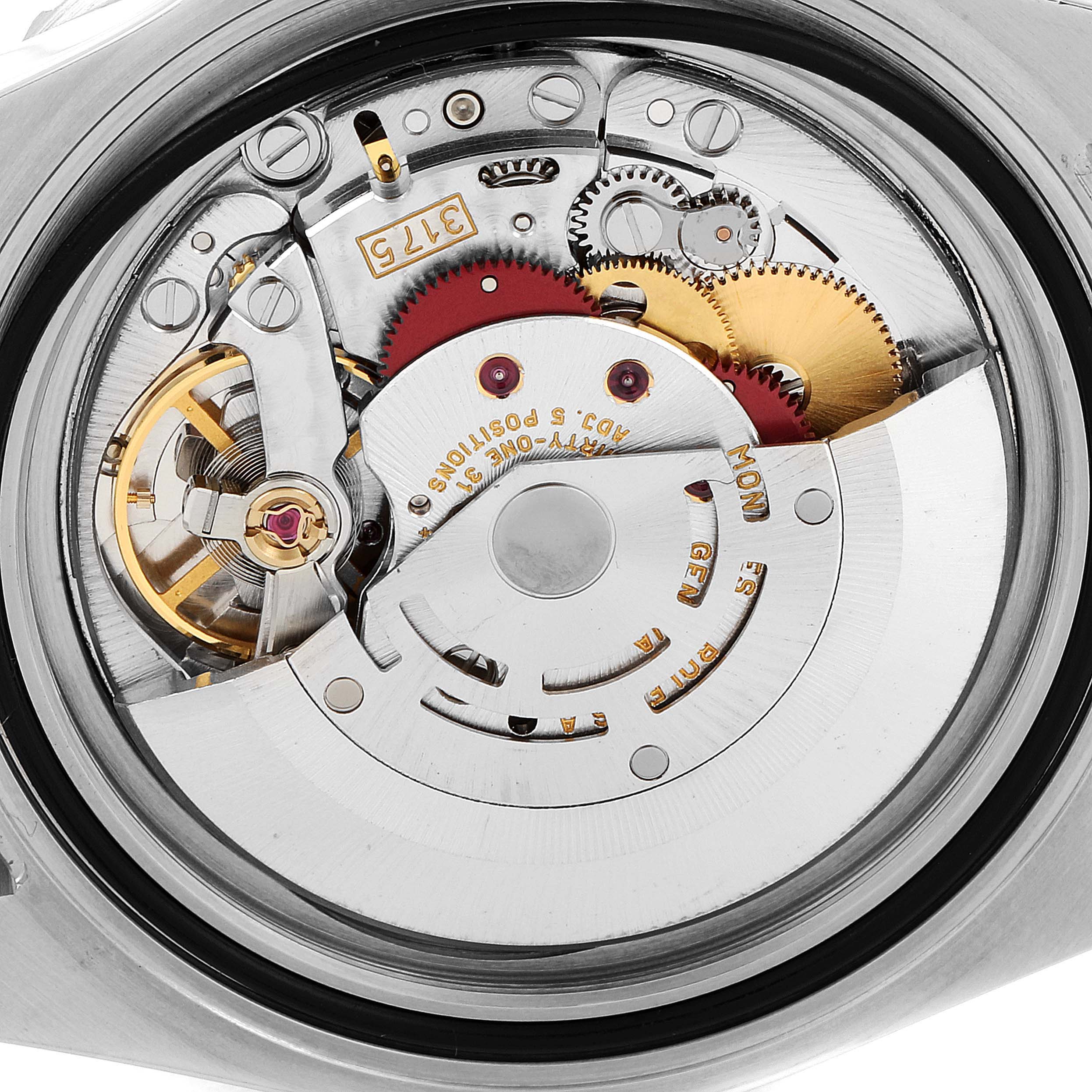 This image shows the internal mechanism of a Rolex GMT-Master 16700 Men's Stainless Steel Black Dial 16700 Men's Stainless Steel Black Dial watch, highlighting gears, screws, and the rotor.