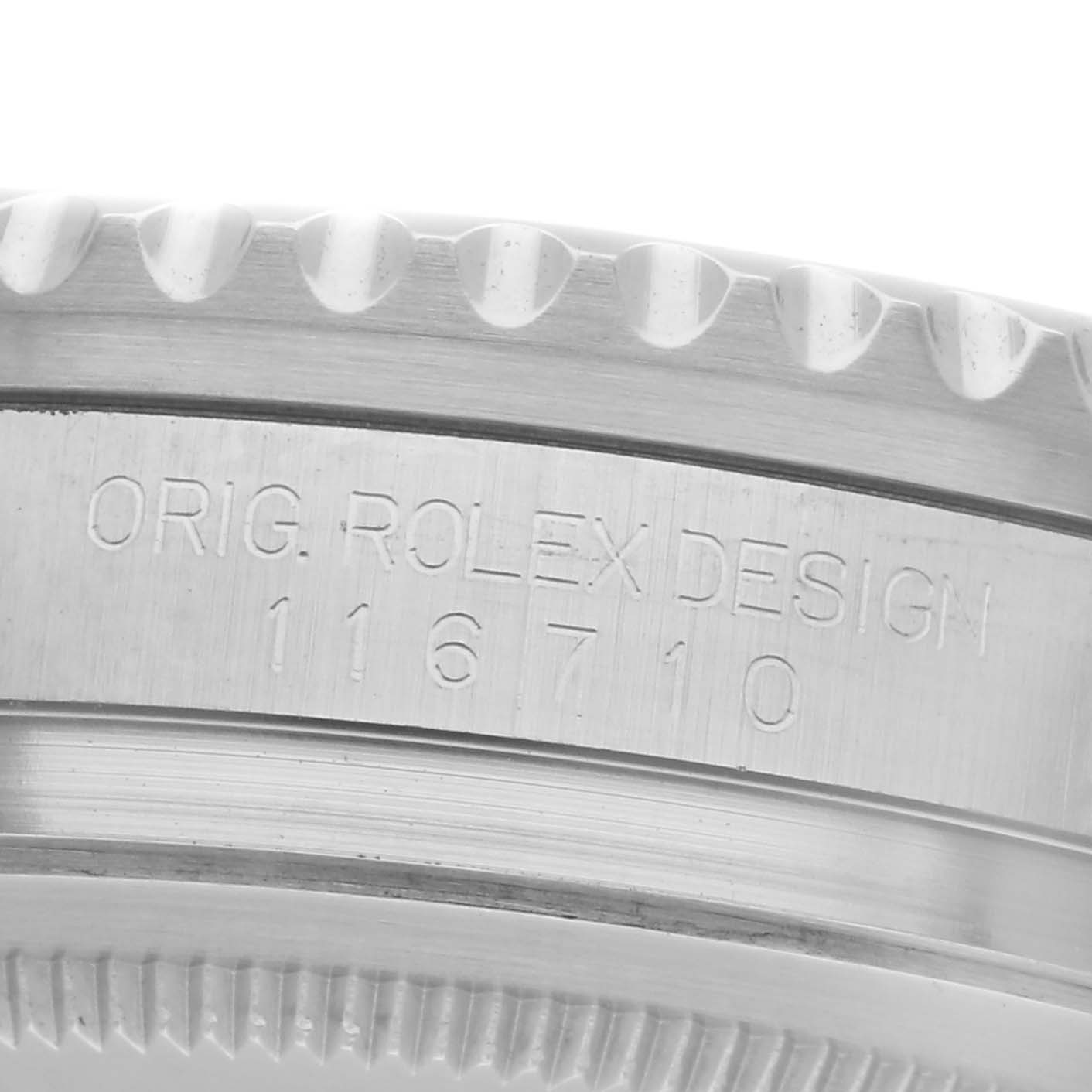 The image shows the side of a Rolex GMT-Master 126710 Men's Stainless Steel Black Dial 126710 Men's Stainless Steel Black Dial watch case with engraved model number and "ORIG. ROLEX DESIGN."