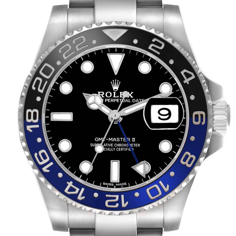 The image shows a frontal view of the Rolex GMT-Master II, featuring the dial, bezel, hands, and date window.