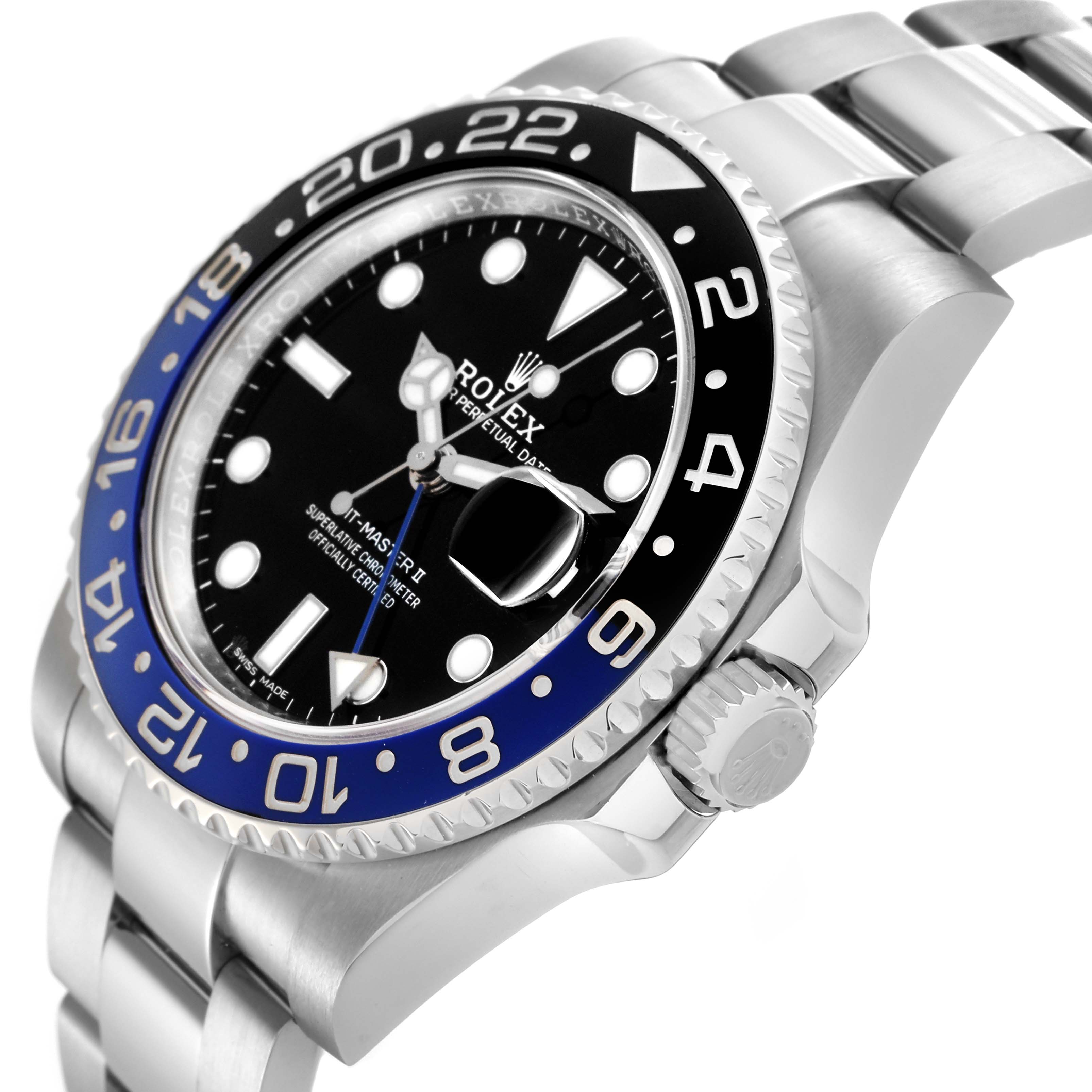 The image shows a side angle of the Rolex GMT-Master 126710 Men's Stainless Steel Black Dial 126710 Men's Stainless Steel Black Dial II, highlighting the bezel, crown, and part of the bracelet.