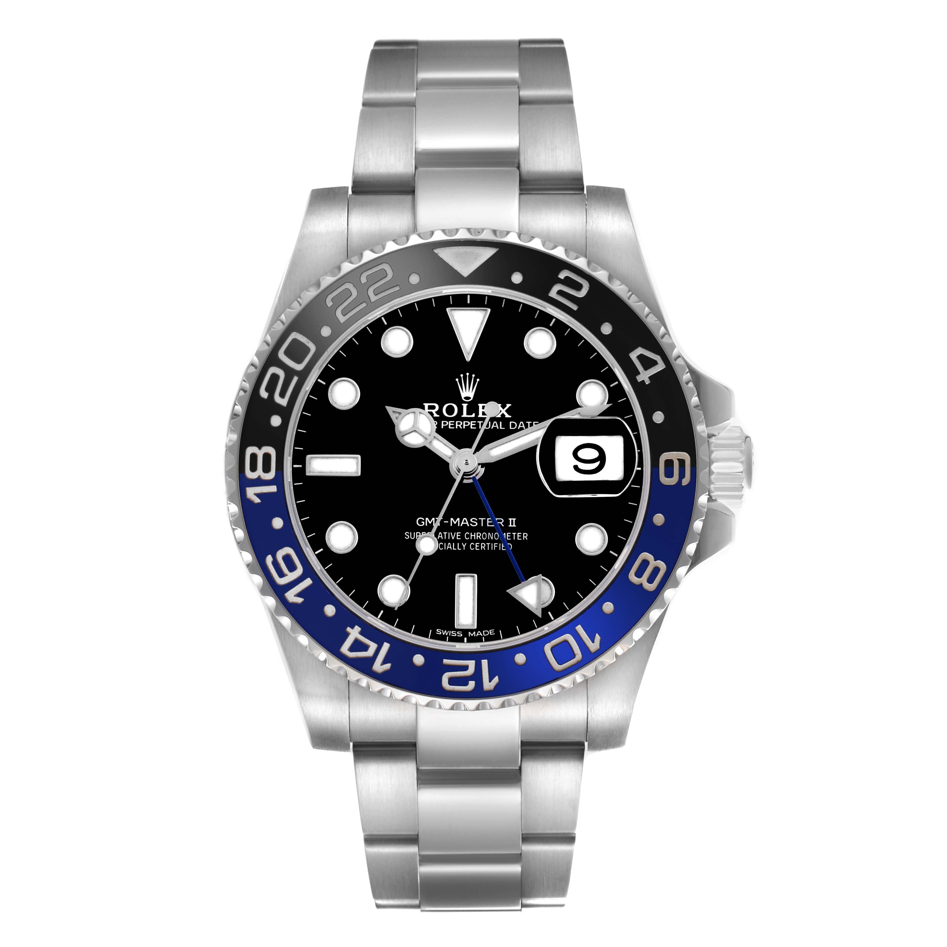 The Rolex GMT-Master 126710 Men's Stainless Steel Black Dial 126710 Men's Stainless Steel Black Dial watch is shown from a front angle, highlighting the bezel, dial, and bracelet.