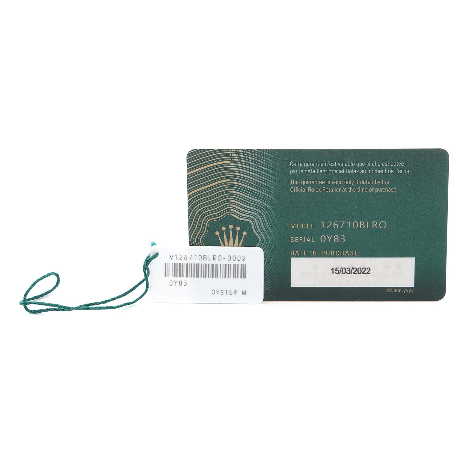 The image shows a Rolex GMT-Master 126710 Men's Stainless Steel Black Dial 126710 Men's Stainless Steel Black Dial warranty card and hang tag, with model and serial numbers visible.