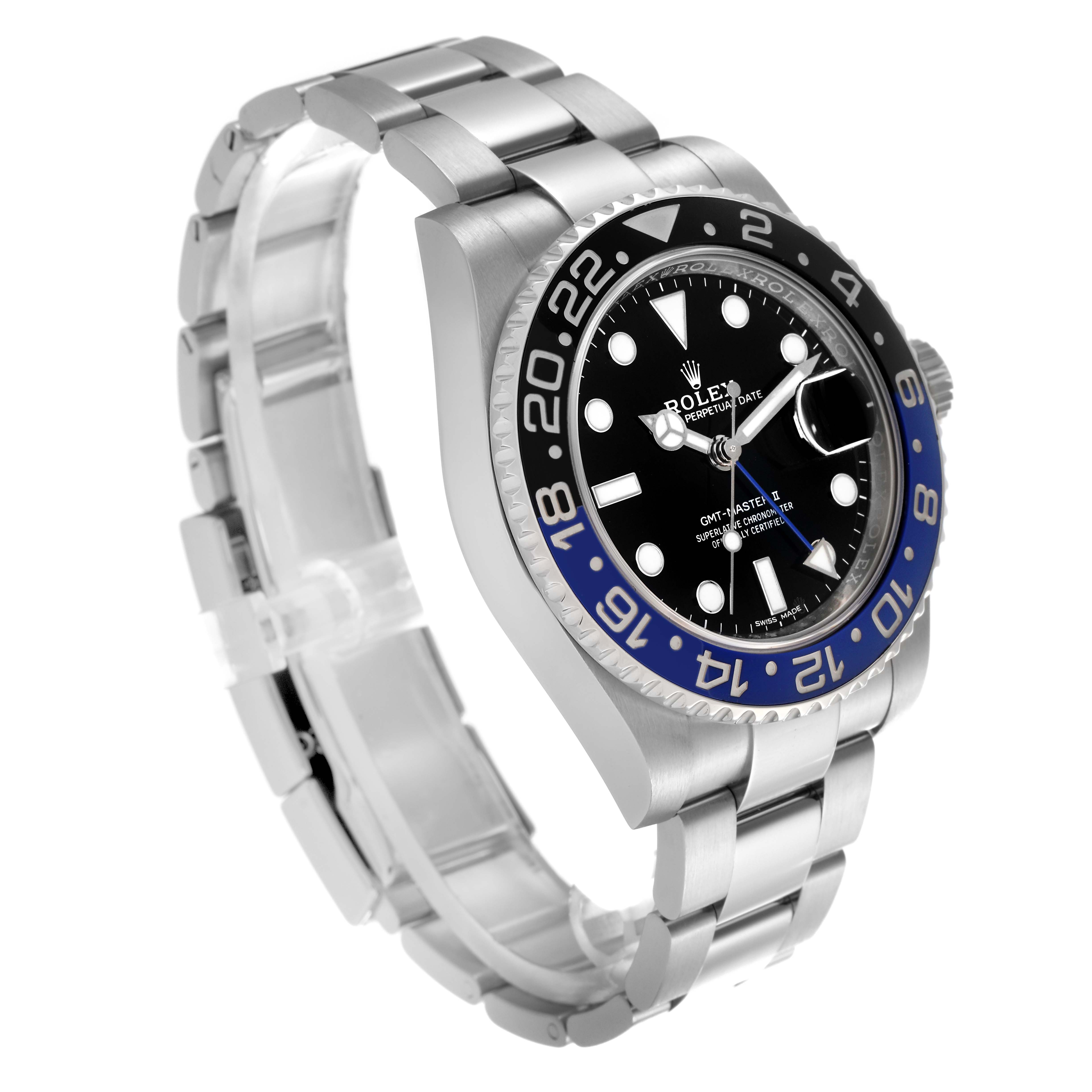 The Rolex GMT-Master 126710 Men's Stainless Steel Black Dial 126710 Men's Stainless Steel Black Dial watch is shown at a three-quarter angle, highlighting the bezel, dial, and bracelet.