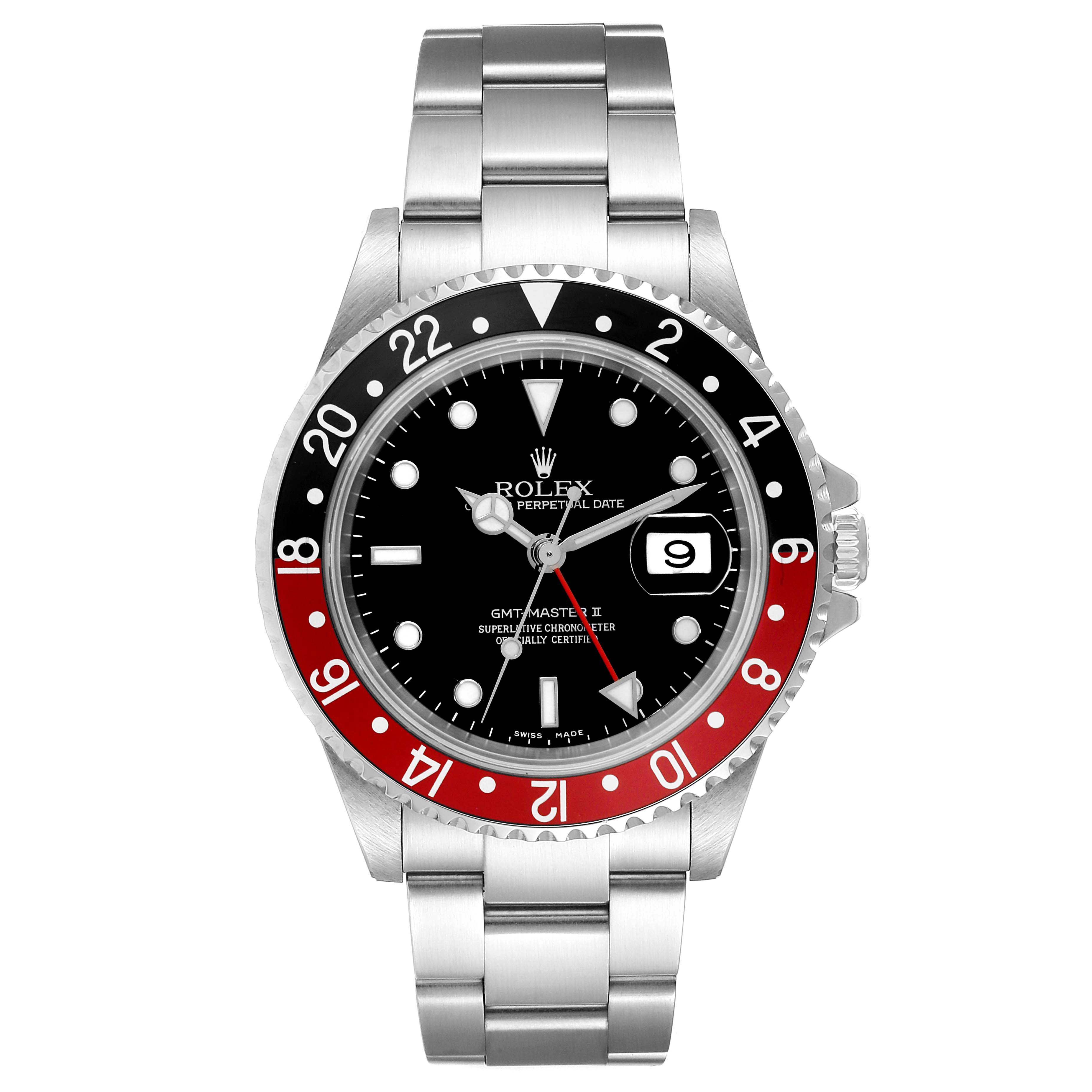 The Rolex GMT-Master 16710 Men's Stainless Steel Black Dial 16710 Men's Stainless Steel Black Dial watch is shown from the front, displaying the bezel, dial, hands, date window, and bracelet.