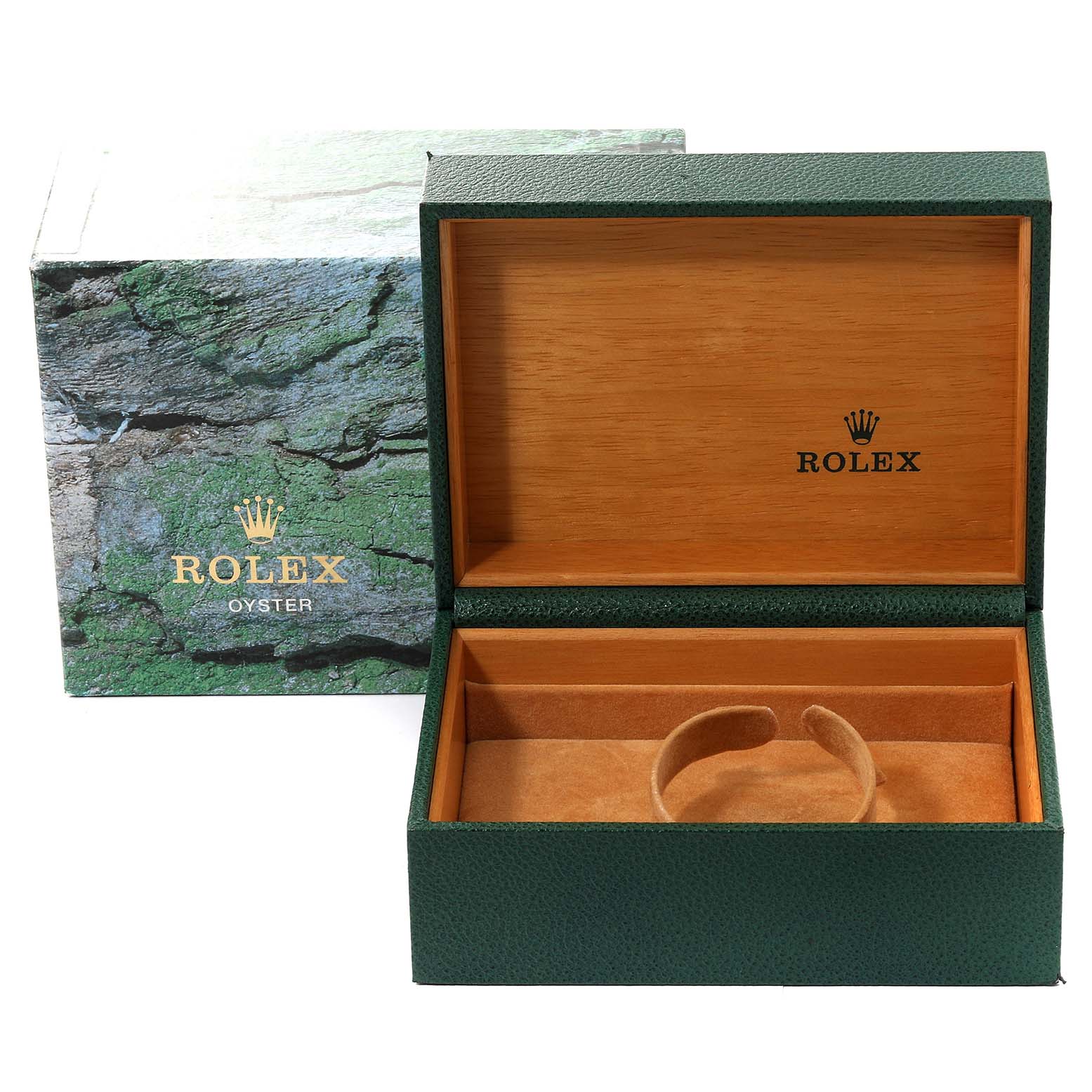 The image shows an open green Rolex box with the lid up, revealing a tan interior and cushion holder for the GMT-Master model.