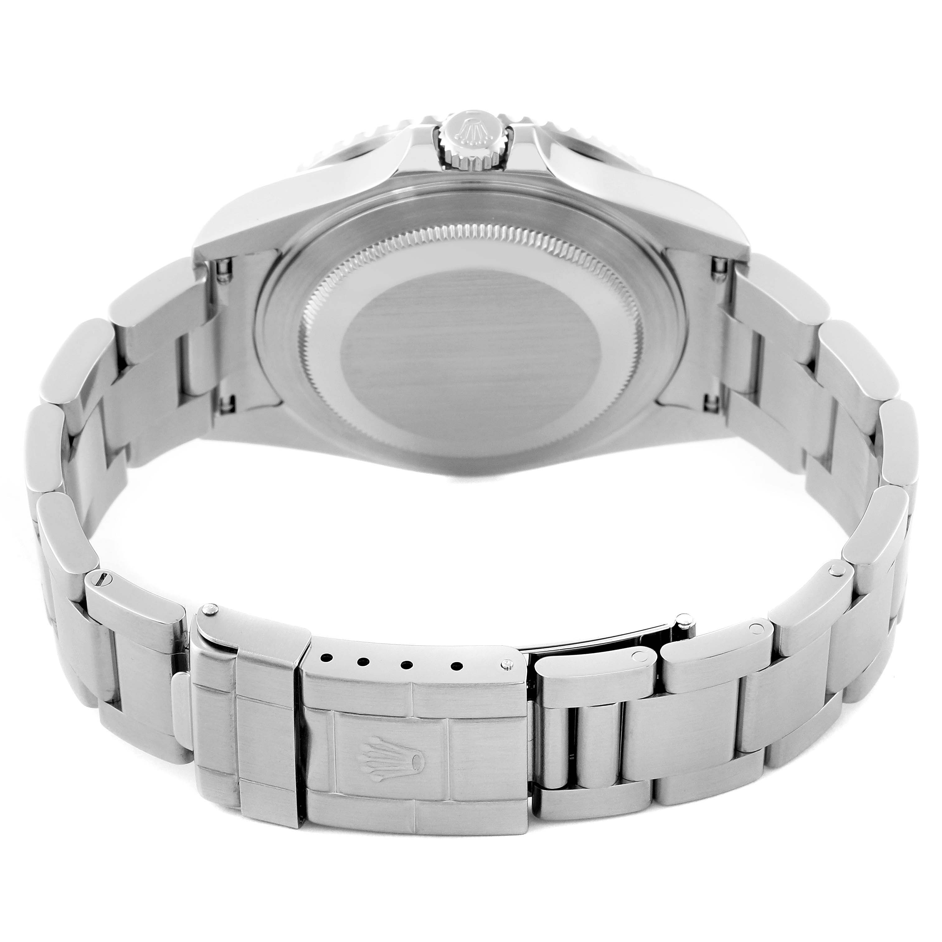 The image shows the back view of a Rolex GMT-Master 16710 Men's Stainless Steel Black Dial 16710 Men's Stainless Steel Black Dial watch, highlighting the case back, bracelet, and clasp.