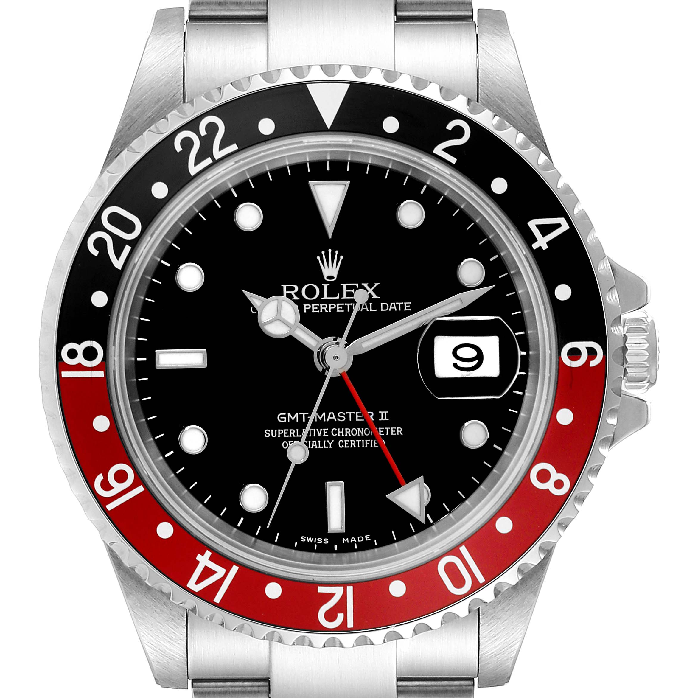 The image shows a front view of a Rolex GMT-Master 16710 Men's Stainless Steel Black Dial 16710 Men's Stainless Steel Black Dial II watch, highlighting the dial, bezel, and date display.