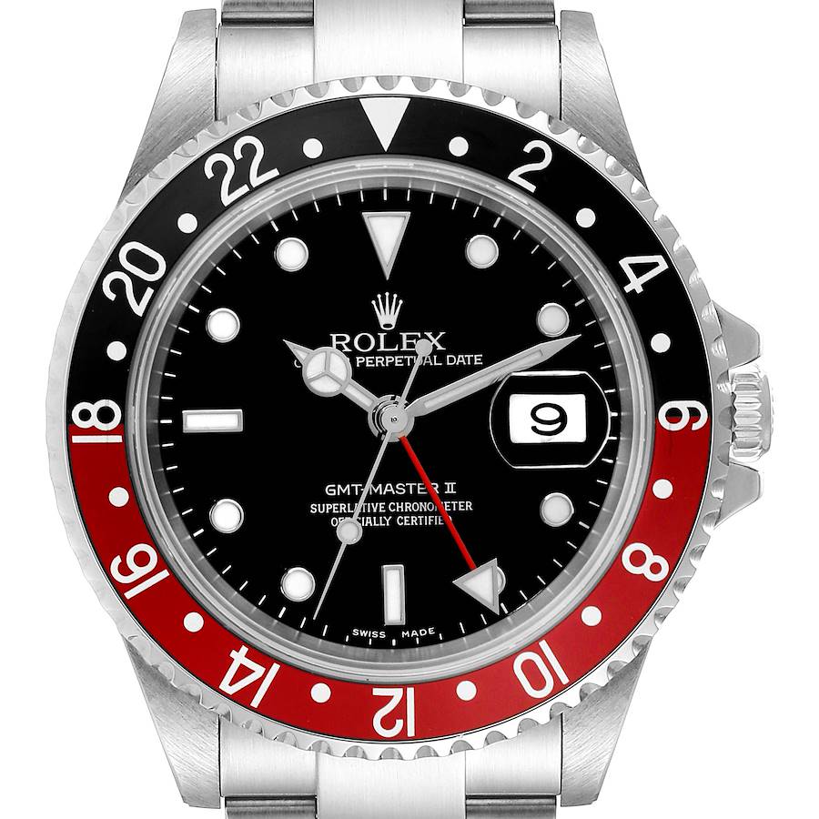 Rolex GMT Master II Black Red Coke Bezel Steel Mens Watch 16710 SwissWatchExpo