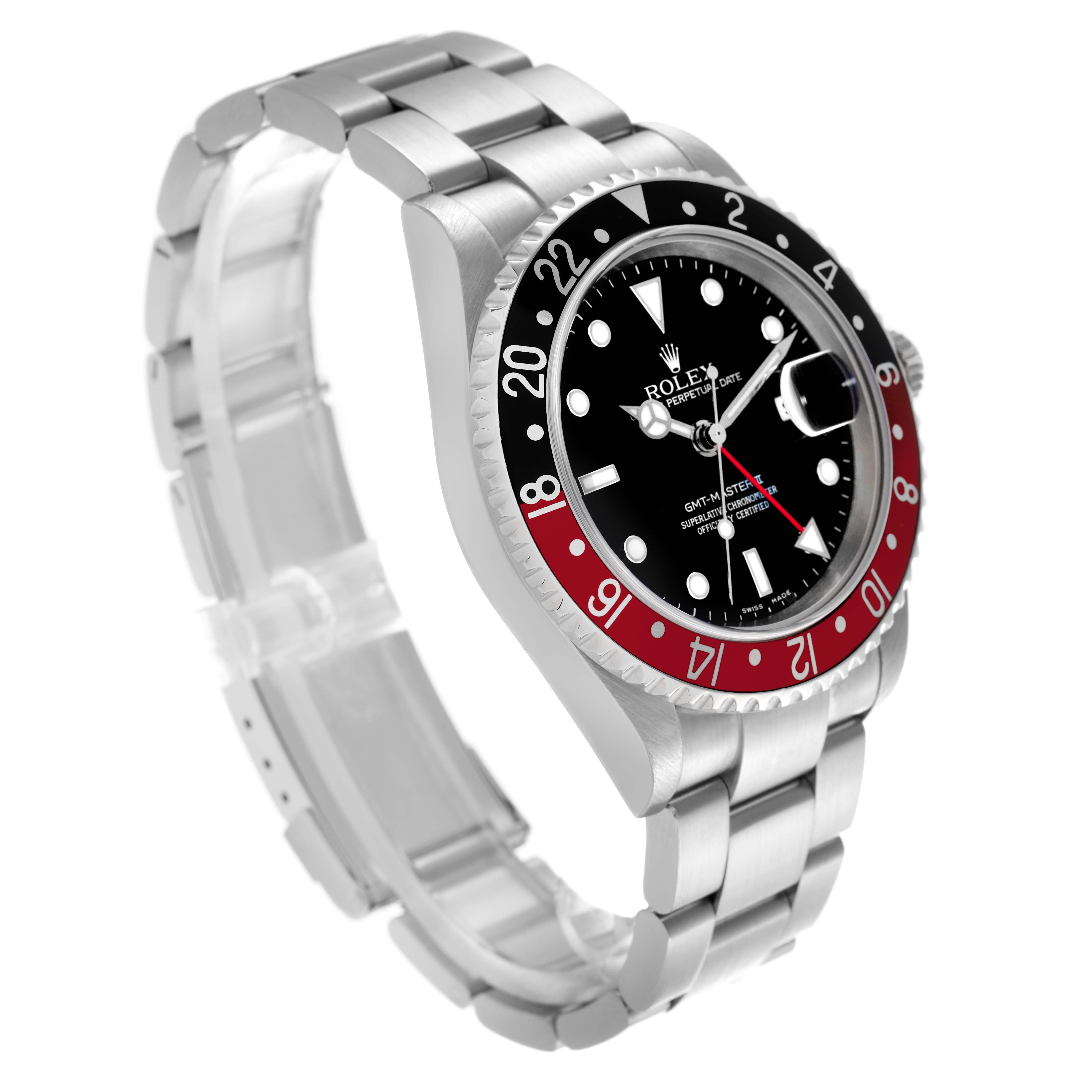 The Rolex GMT-Master 16710 Men's Stainless Steel Black Dial 16710 Men's Stainless Steel Black Dial watch is shown at a three-quarter angle, highlighting the bezel, face, and bracelet.
