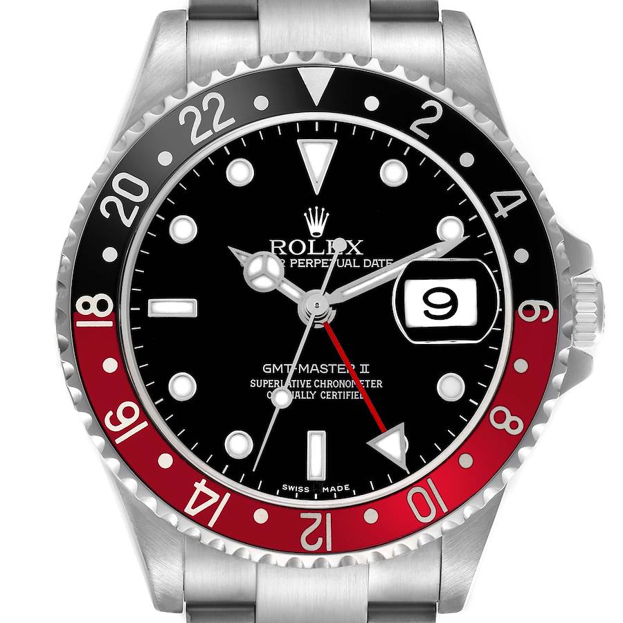 The Rolex GMT-Master model is shown from a front angle, highlighting the dial, bezel, and part of the bracelet.