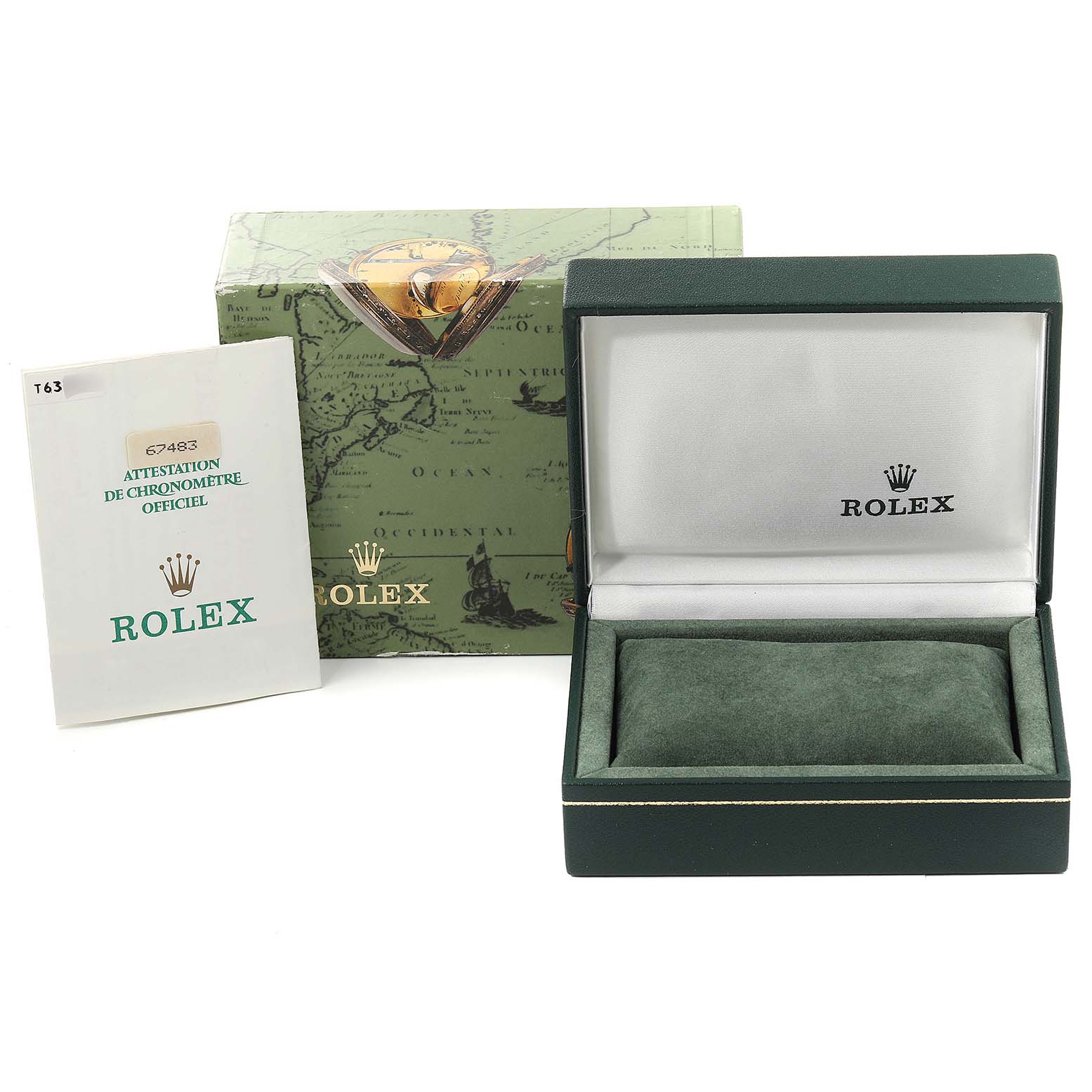 This image shows the packaging and accessories for a Mid-Size Rolex watch, including the box and an official chronometer certificate.